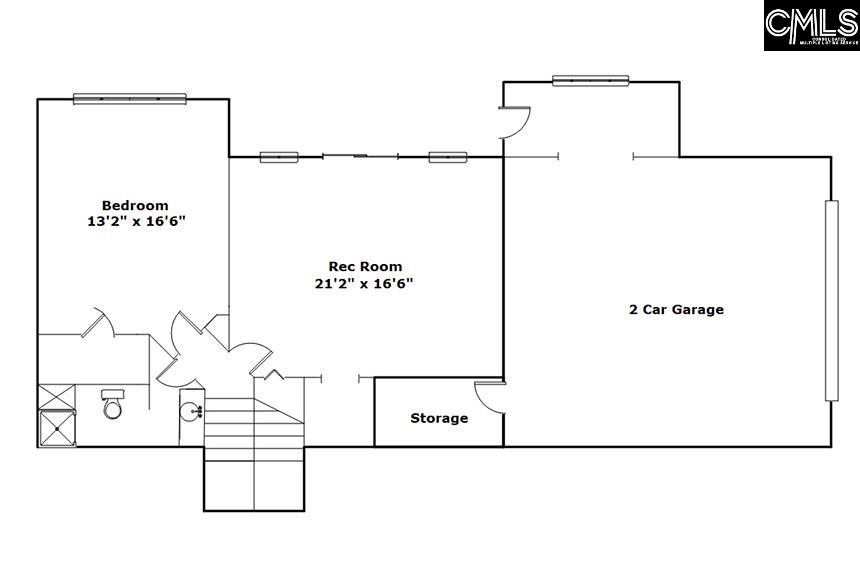 Floor plan with a bedroom, rec room, two-car garage, storage, bathroom, and stairs.