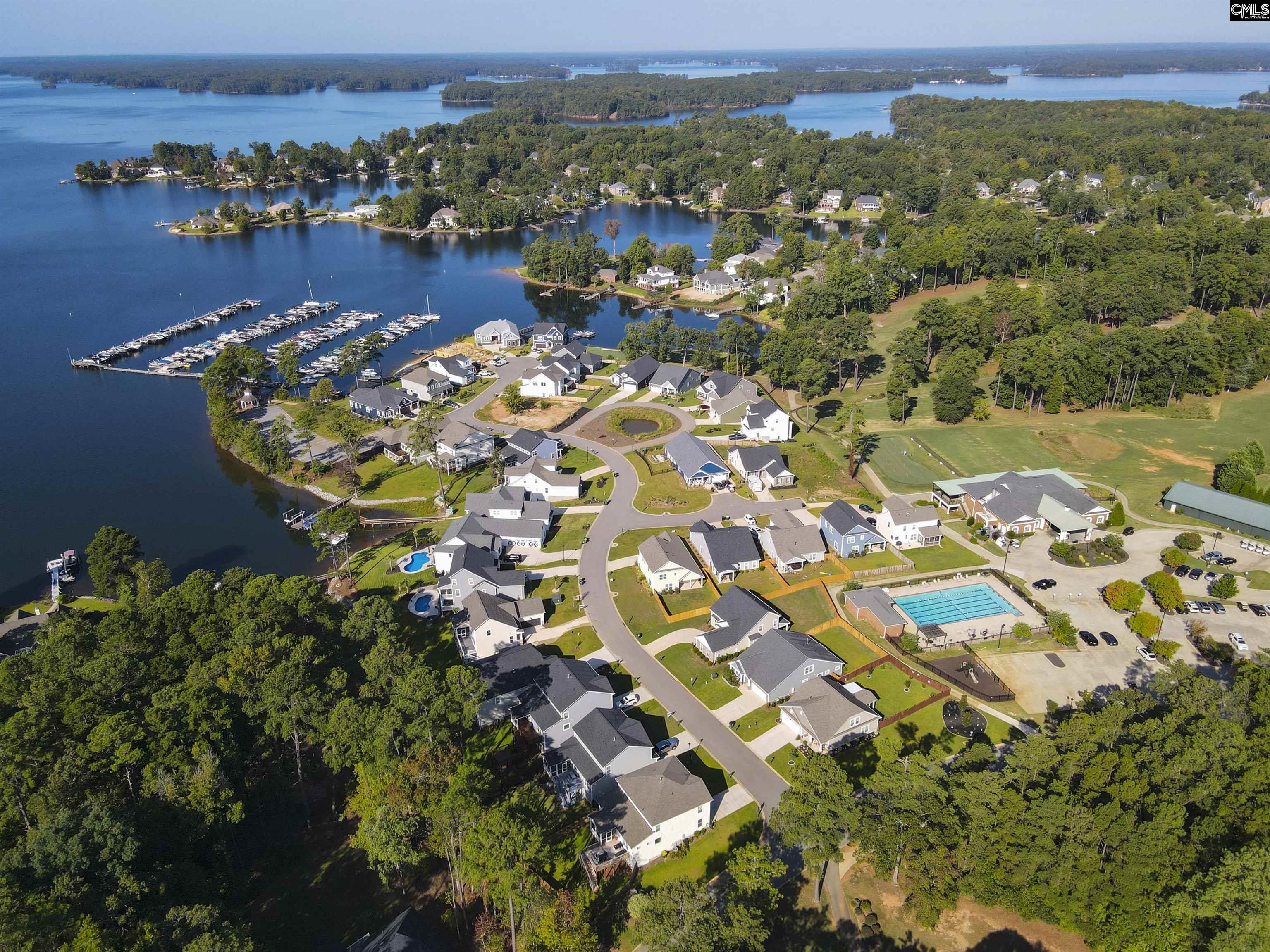 Aerial view of a lakeside neighborhood with a marina and community pool.