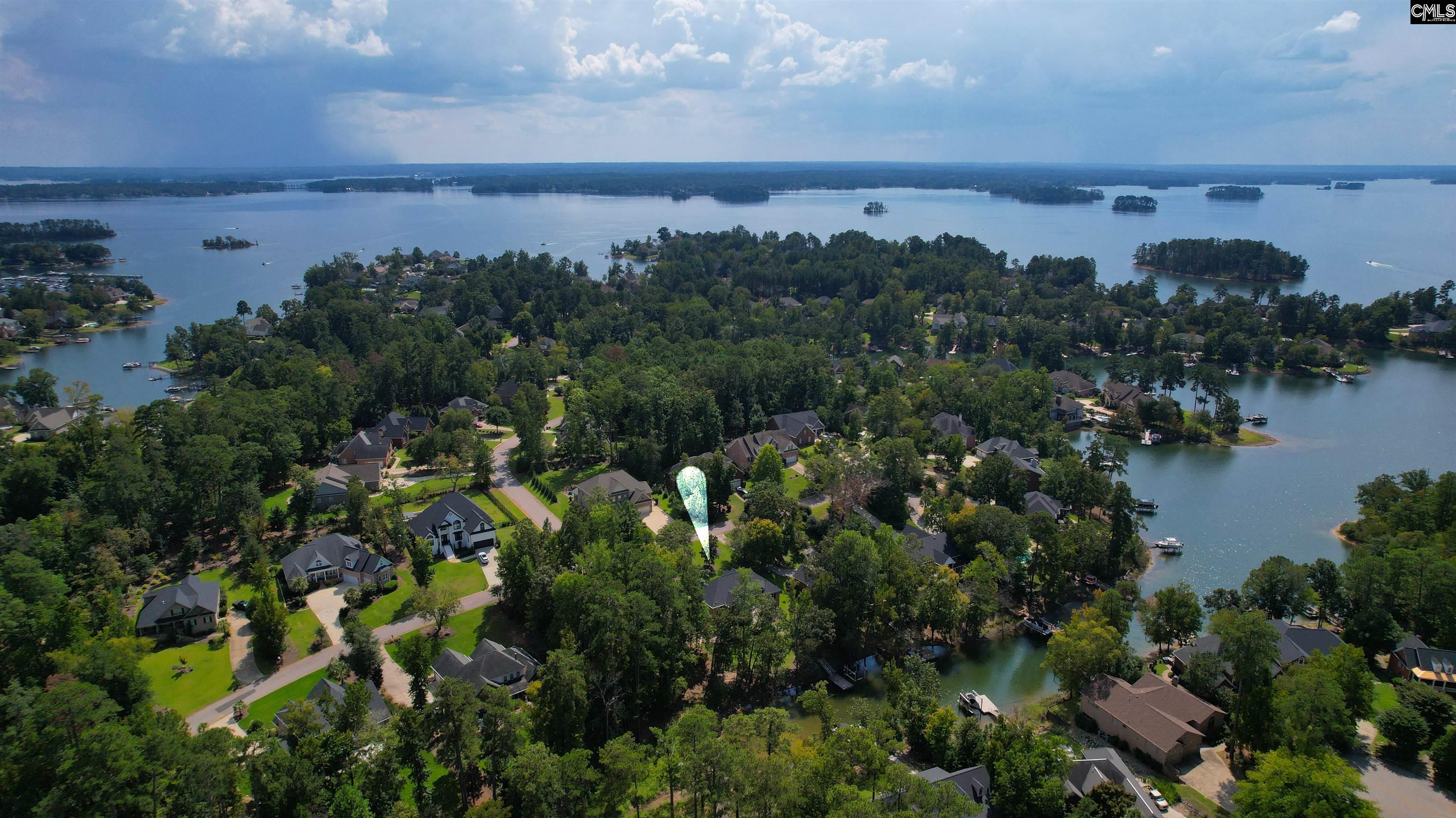 Aerial view of a wooded lakeside neighborhood with homes, docks, and a highlighted property location.