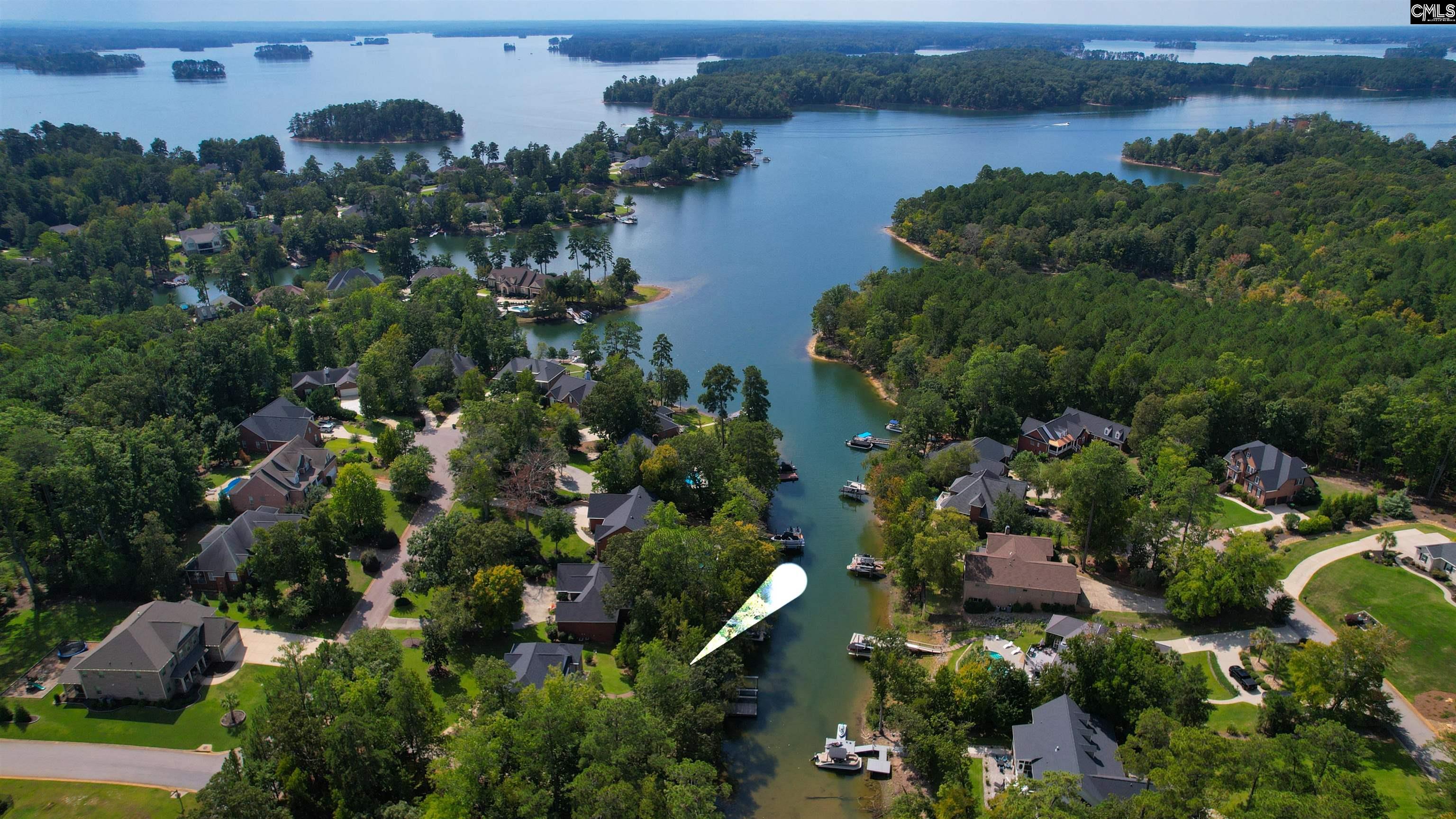 Aerial view of a lakeside neighborhood, with a white marker pointing to a home beside the cove.