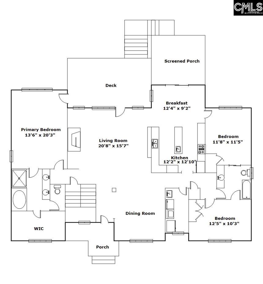Floor plan with three bedrooms, a central living and dining area, kitchen, deck, and screened porch.