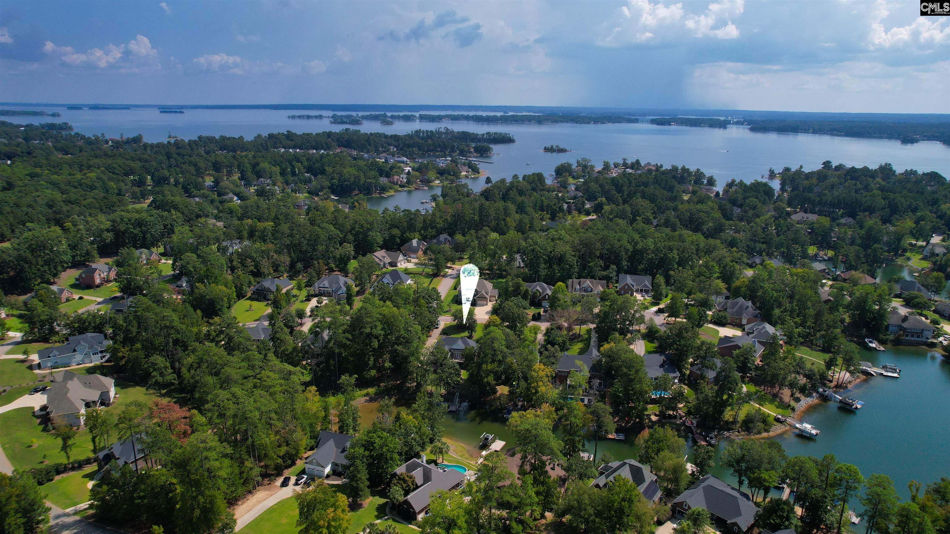 Aerial view of a wooded lakeside neighborhood, with a marker highlighting a home near the shore.