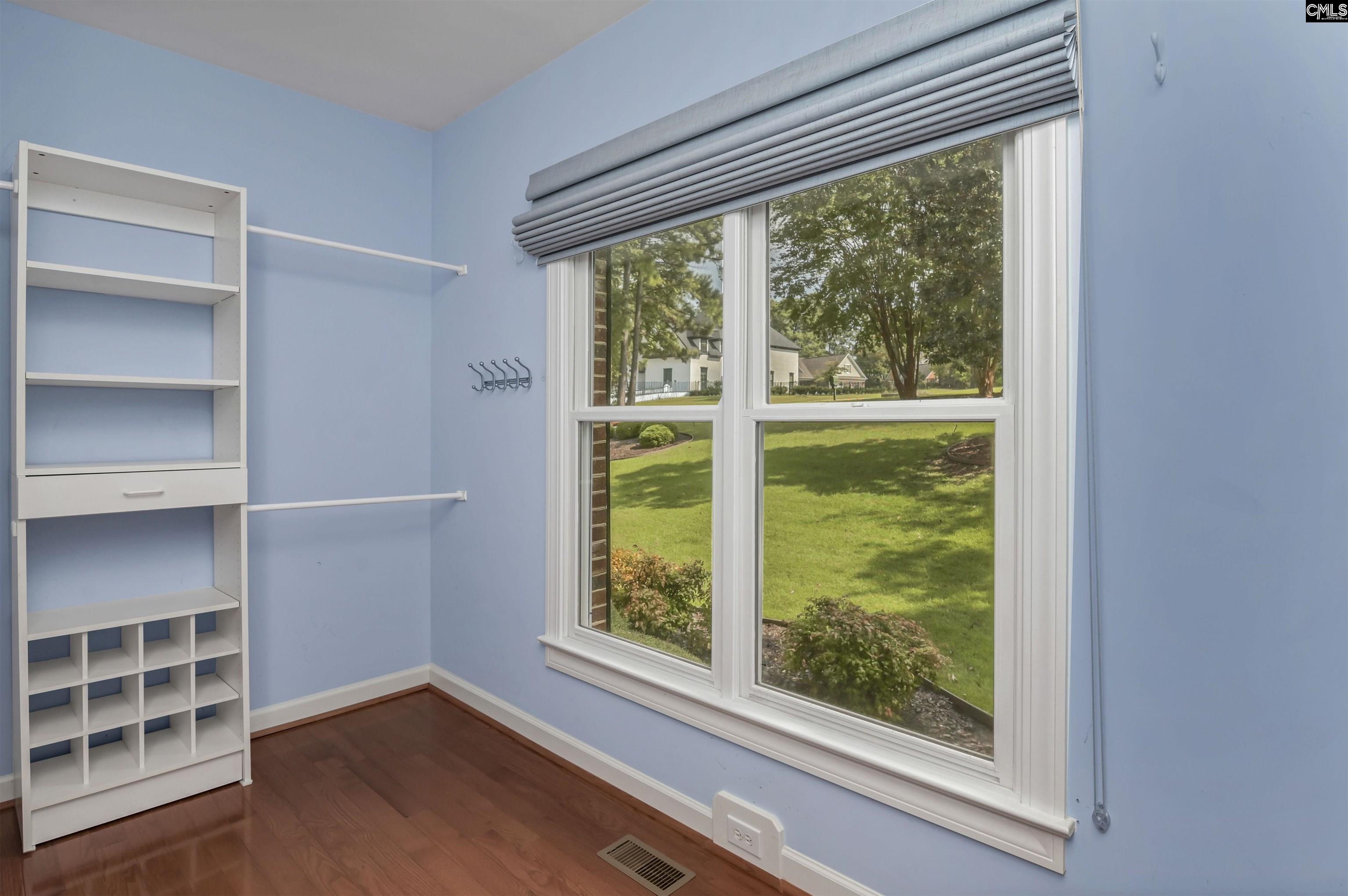 Empty light-blue closet with built-in shelves and cubbies beside a large window overlooking a lawn.