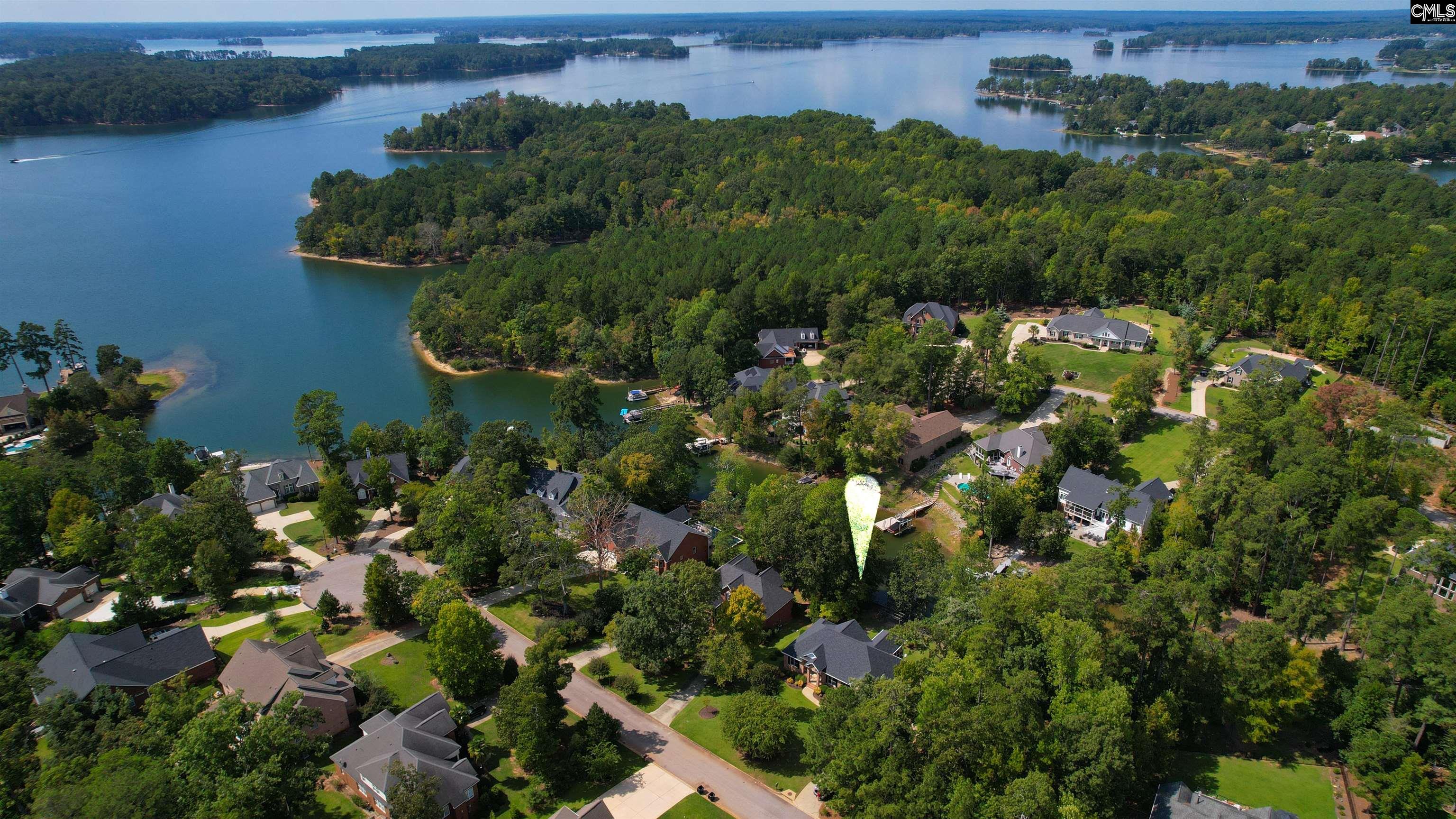 Aerial view of a lakeside neighborhood, with a bright marker highlighting a property among wooded homes.