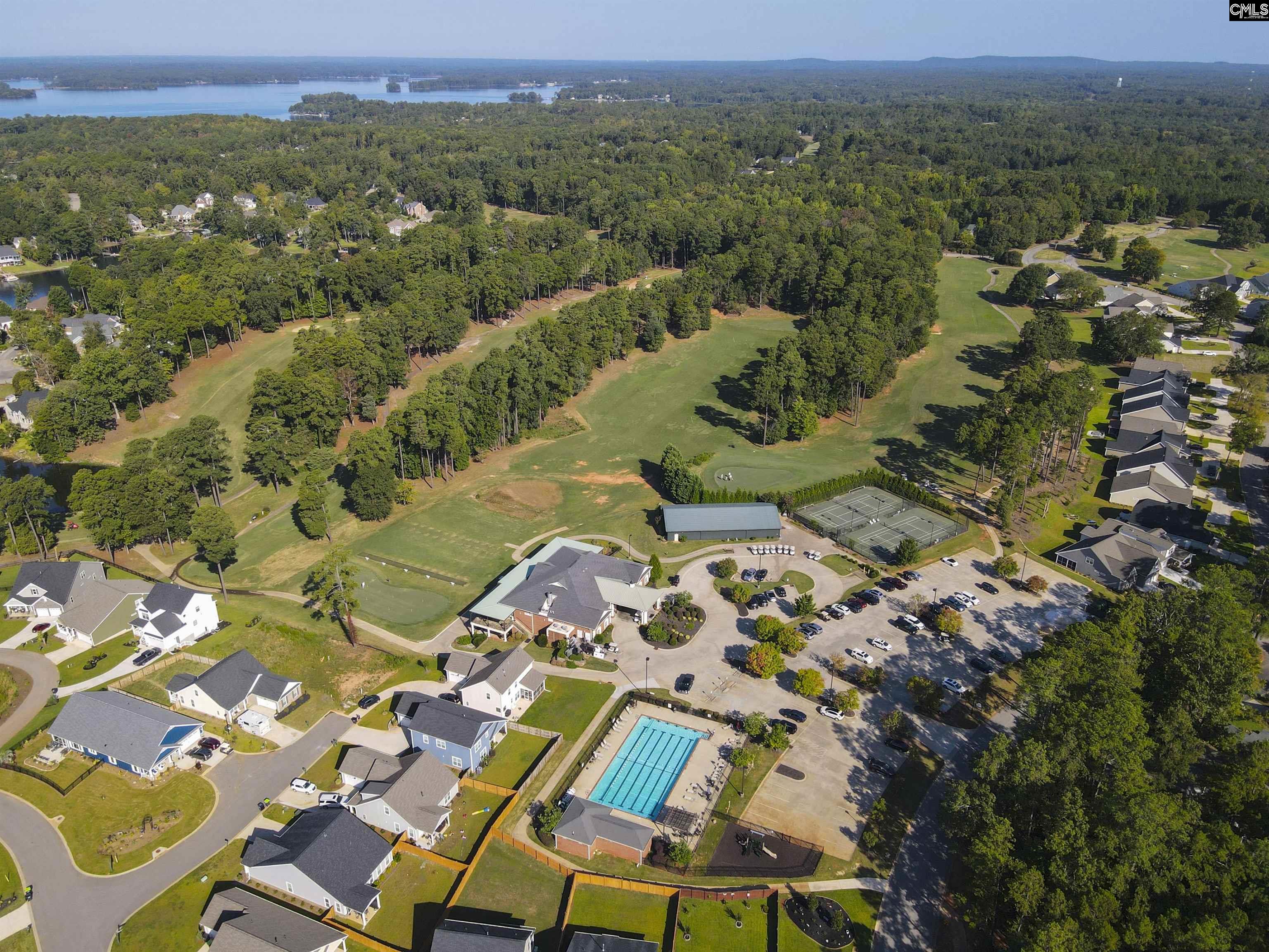 Aerial view of a wooded neighborhood with a swimming pool, tennis courts, and lake beyond.