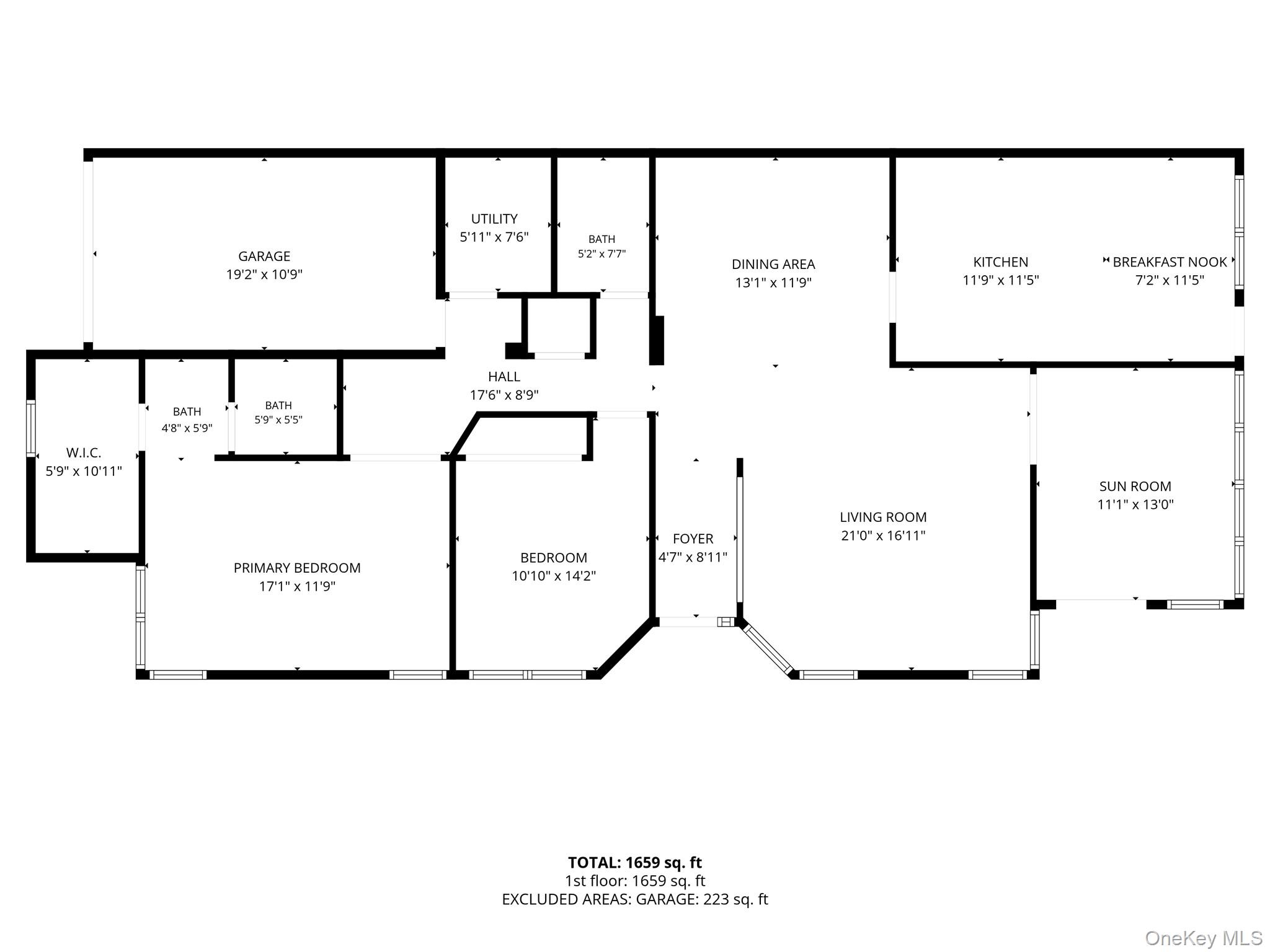 First-floor plan showing two bedrooms, living and dining areas, kitchen, sun room, and garage.
