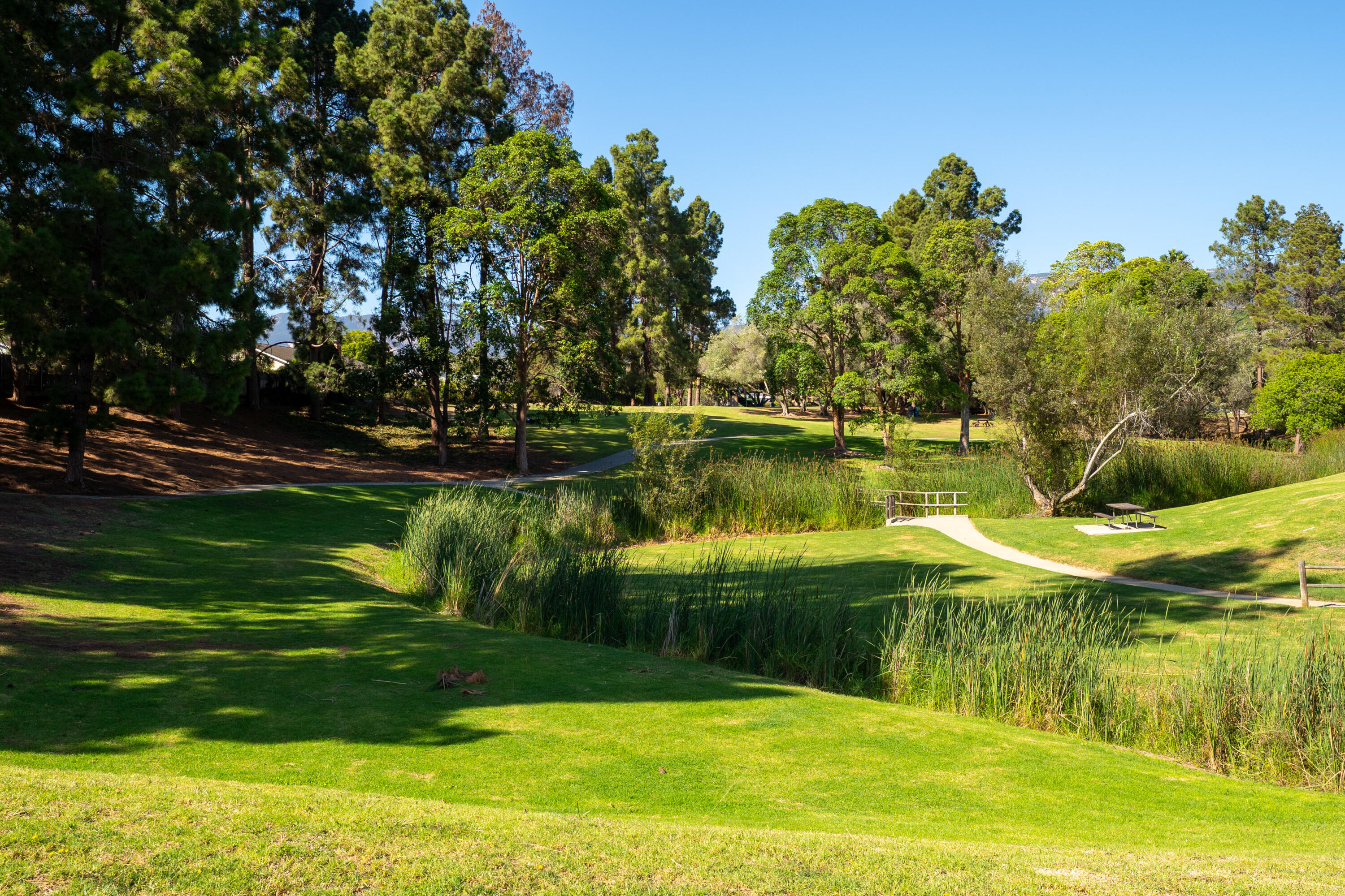 Landscaped grounds with a reed-lined pond, footbridge, curving paths, and picnic table.