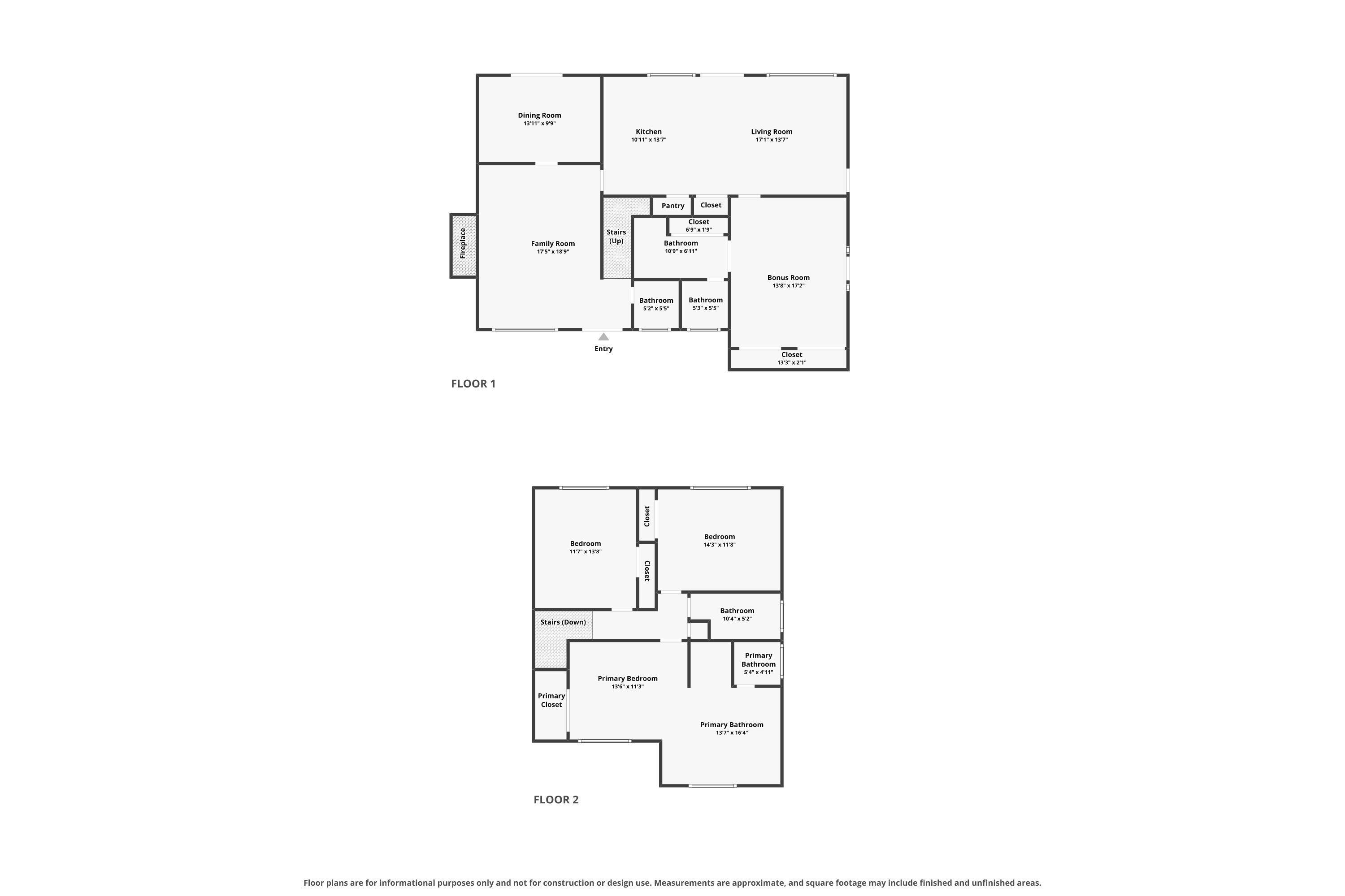 Two-story floor plan with labeled rooms, including a first-floor bonus room and second-floor primary suite.
