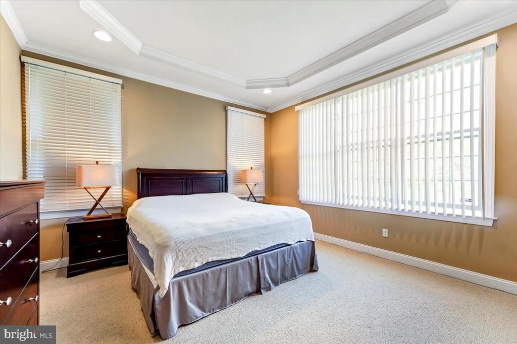 Bedroom with a tray ceiling, dark wood furnishings, and large windows with vertical blinds.