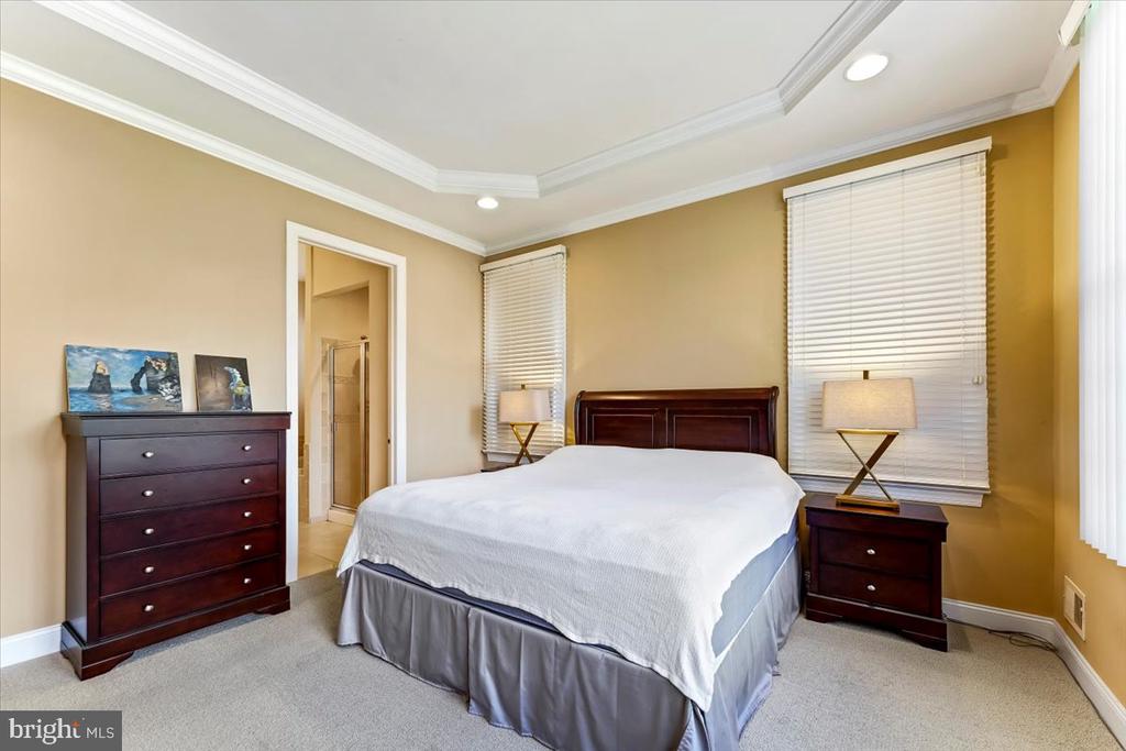 Bedroom with a large bed, dark wood furniture, and a tray ceiling.