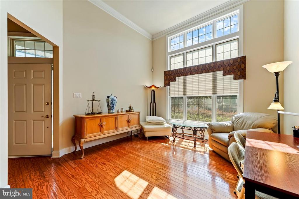 Living room with hardwood floors, tall windows, and leather seating.