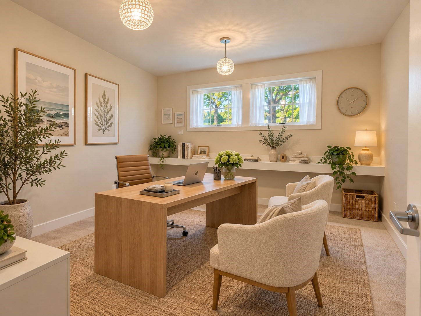 Home office with a wooden desk, visitor chairs, and a wide window overlooking leafy trees.