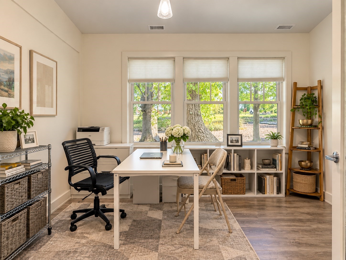 Furnished home office with a white desk, three large windows, and built-in shelving.