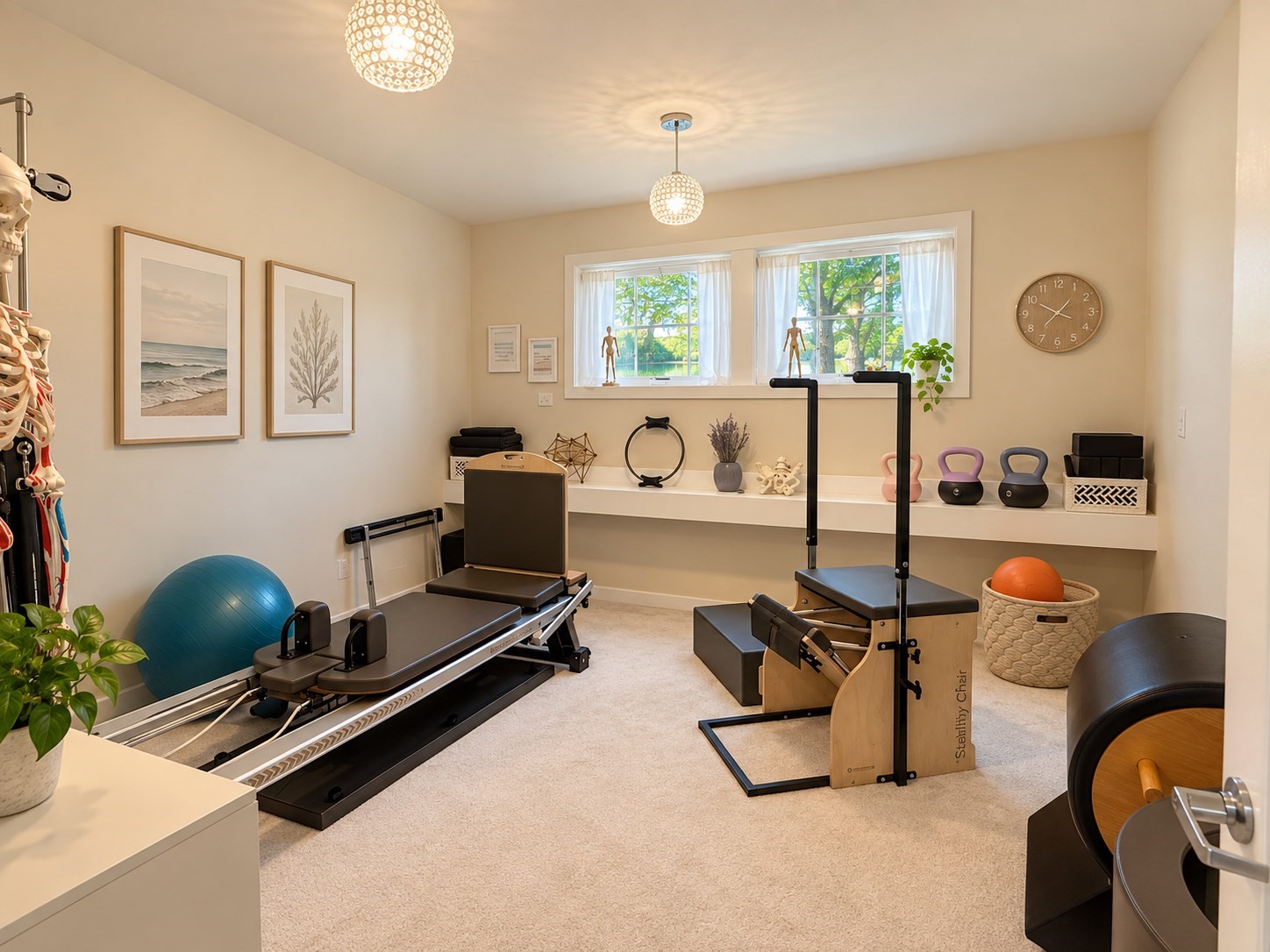 Home gym with Pilates equipment, kettlebells, and exercise balls beneath two windows.