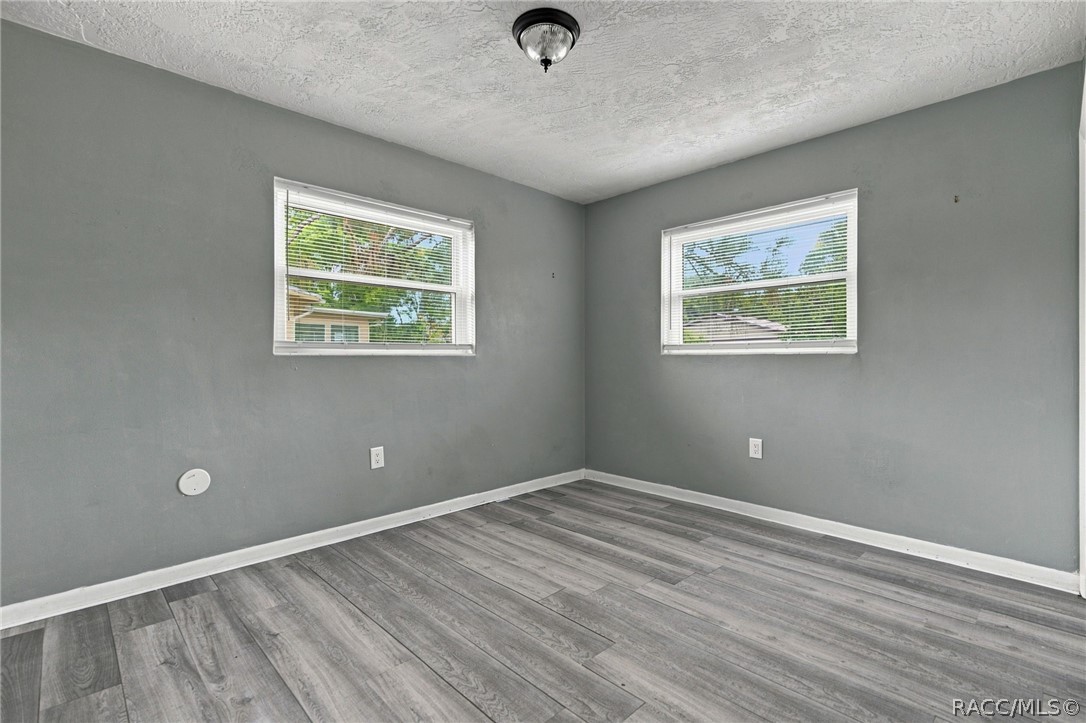 Empty room with gray walls, two windows with blinds, and gray wood-look plank flooring.