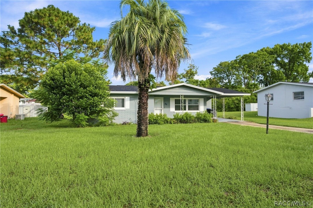 Single-story home with a covered carport, wide lawn, and palm tree in front.