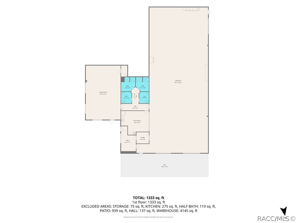Floor plan showing a large warehouse, exercise room, three baths, office, storage, and patio.