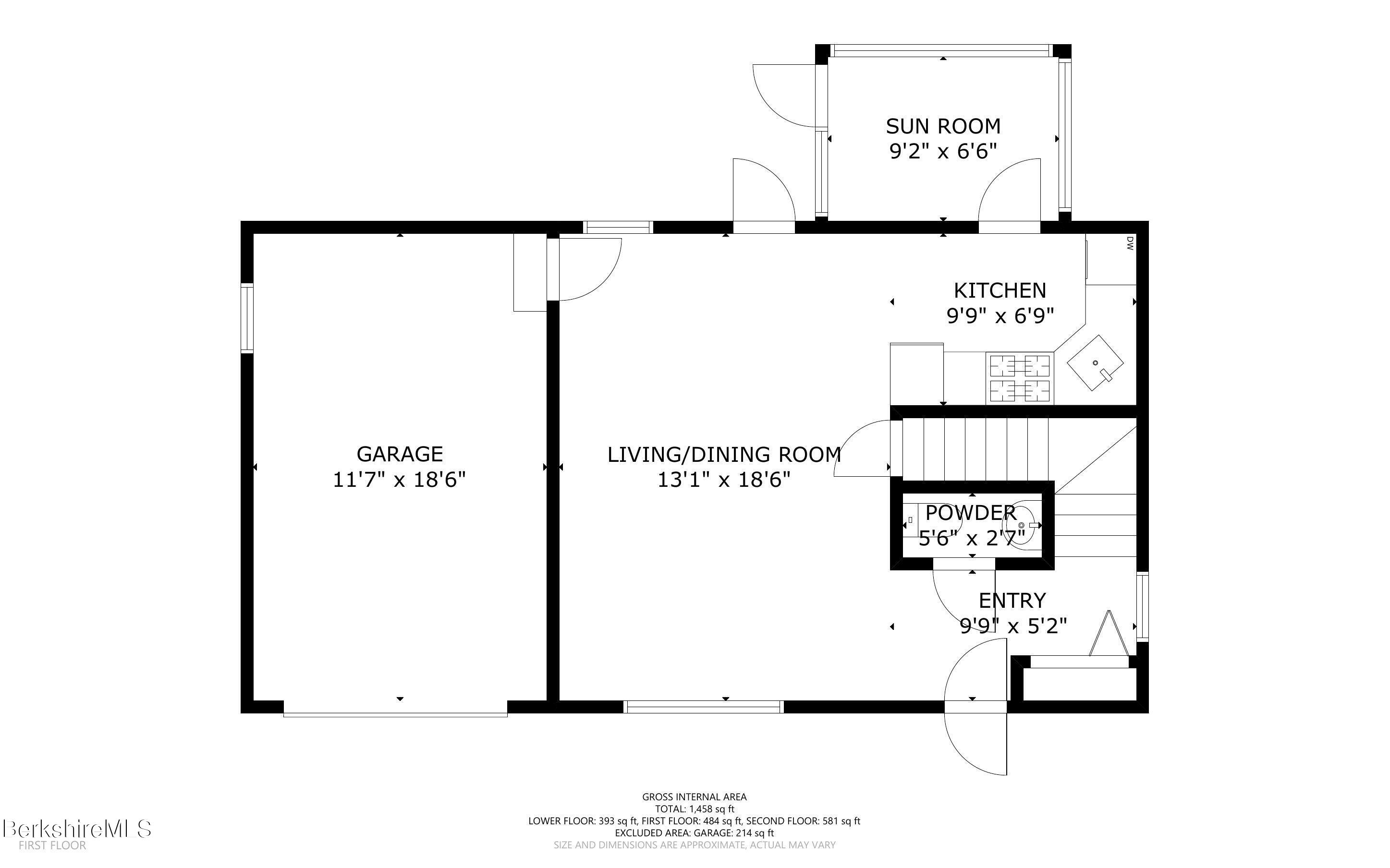 First-floor plan showing a garage, living/dining room, kitchen, sun room, powder room, and entry.