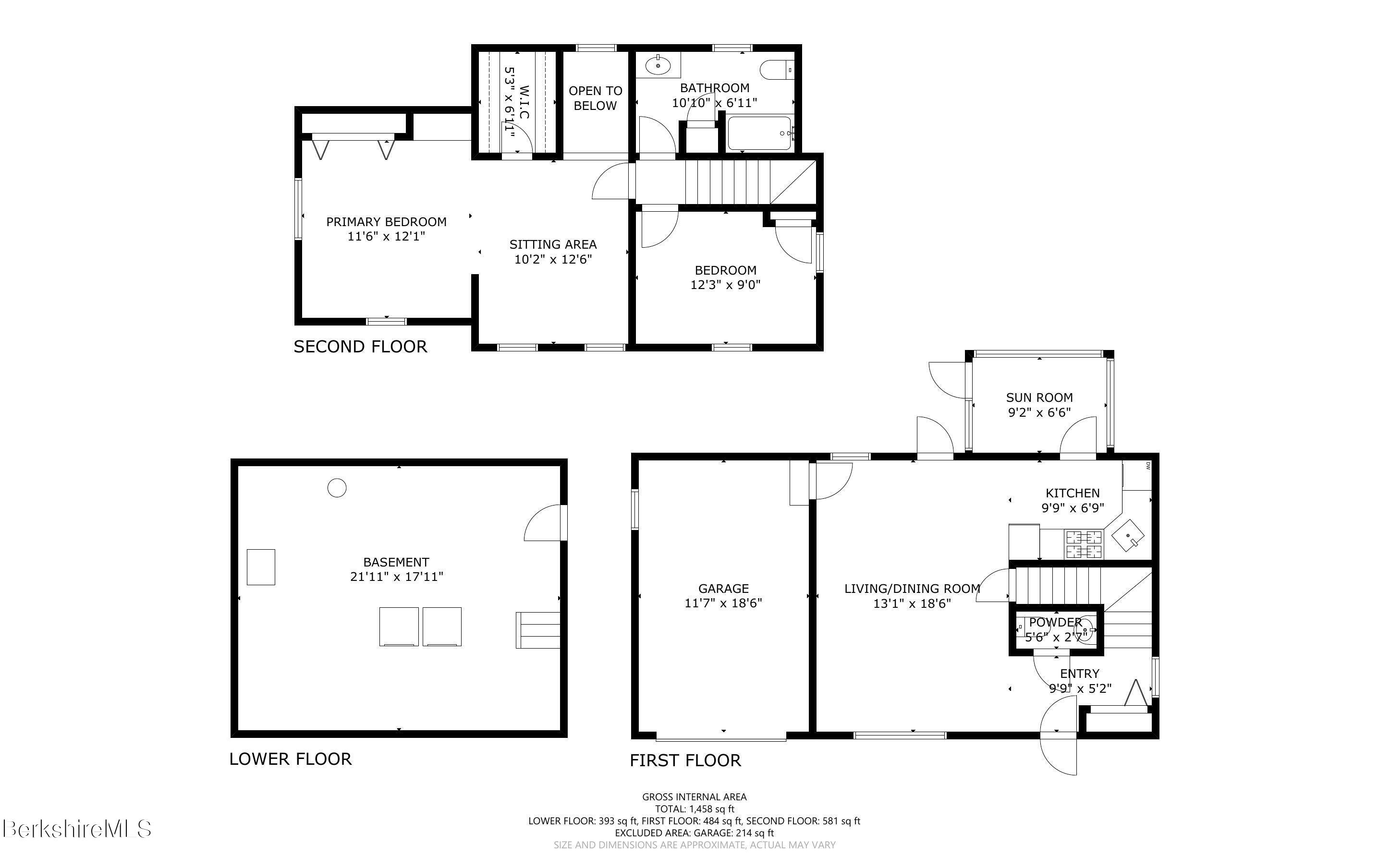 Three-level floor plan showing room layouts and dimensions, including a garage, sun room, and basement.