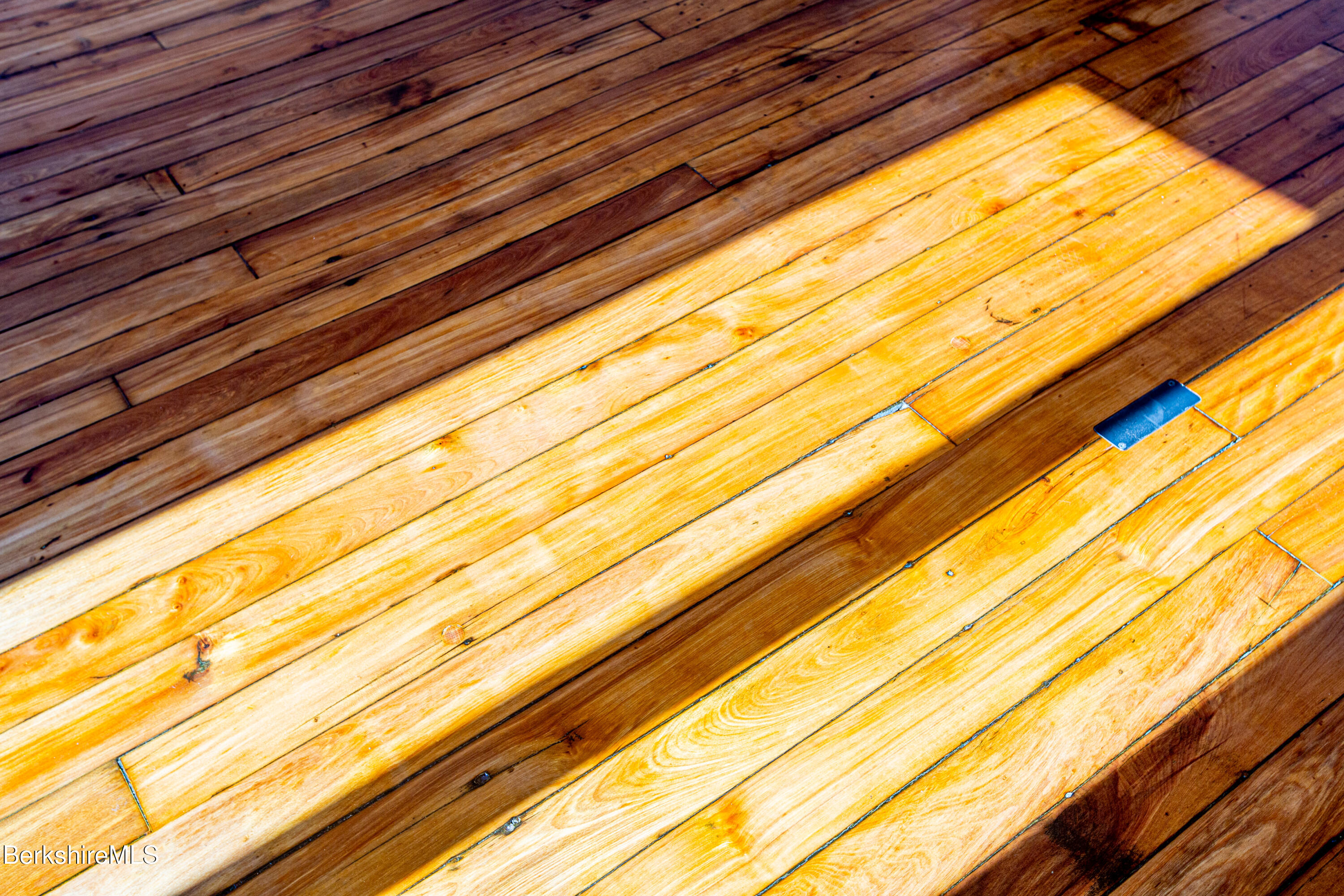 Warm-toned hardwood floor with long planks and a small metal floor plate.