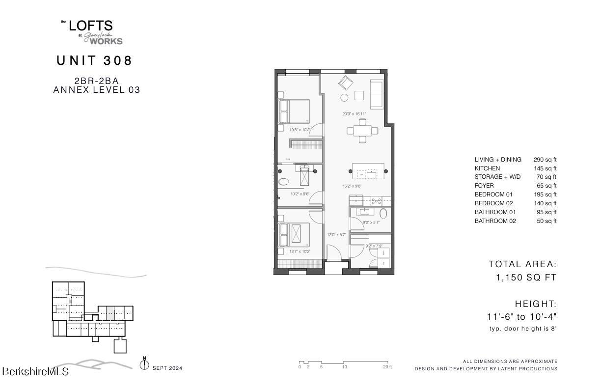 Floor plan for unit 308, a two-bedroom, two-bathroom loft with 1,150 square feet.
