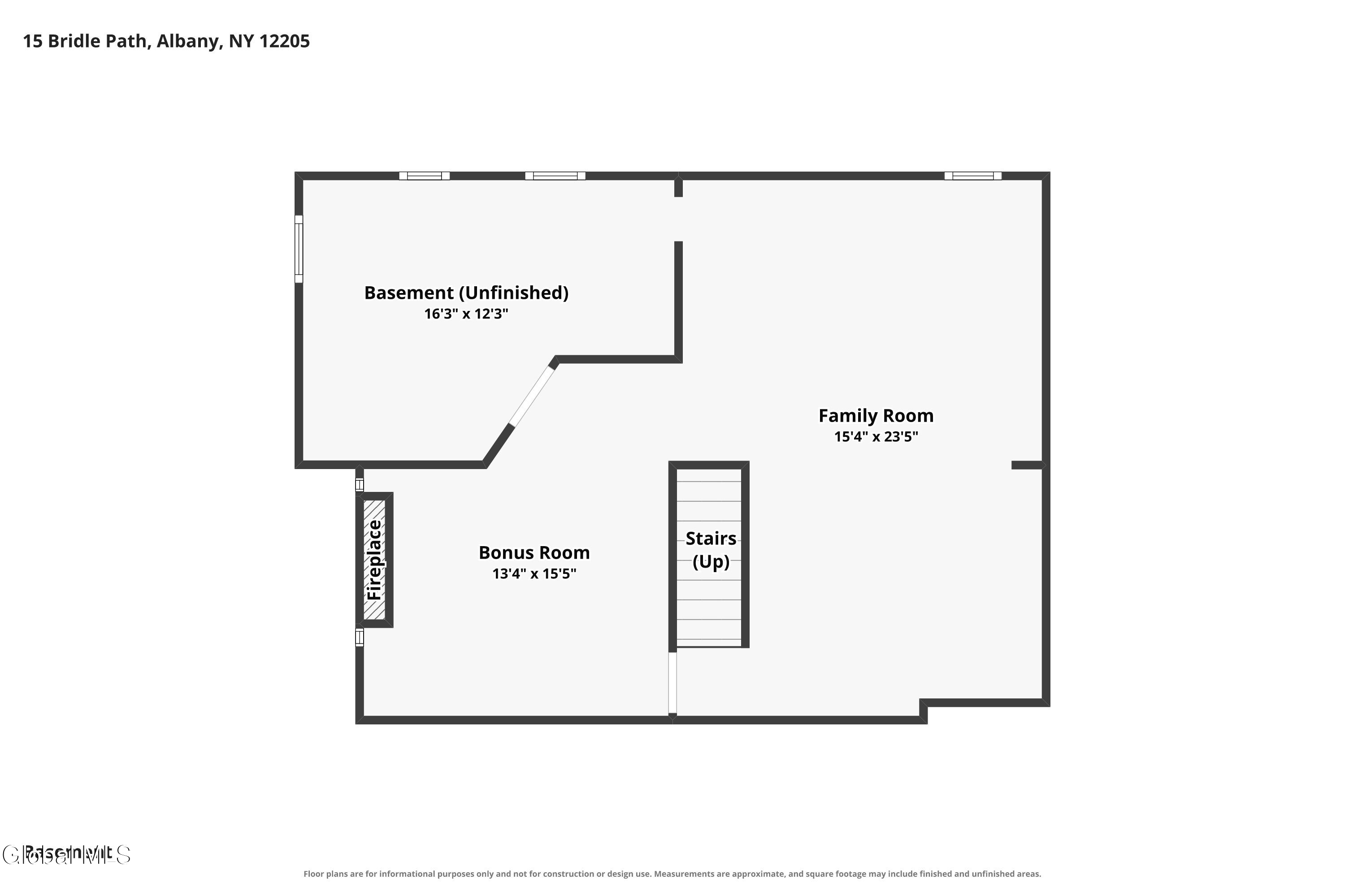 Basement floor plan with unfinished basement, family room, bonus room, fireplace, and stairs.
