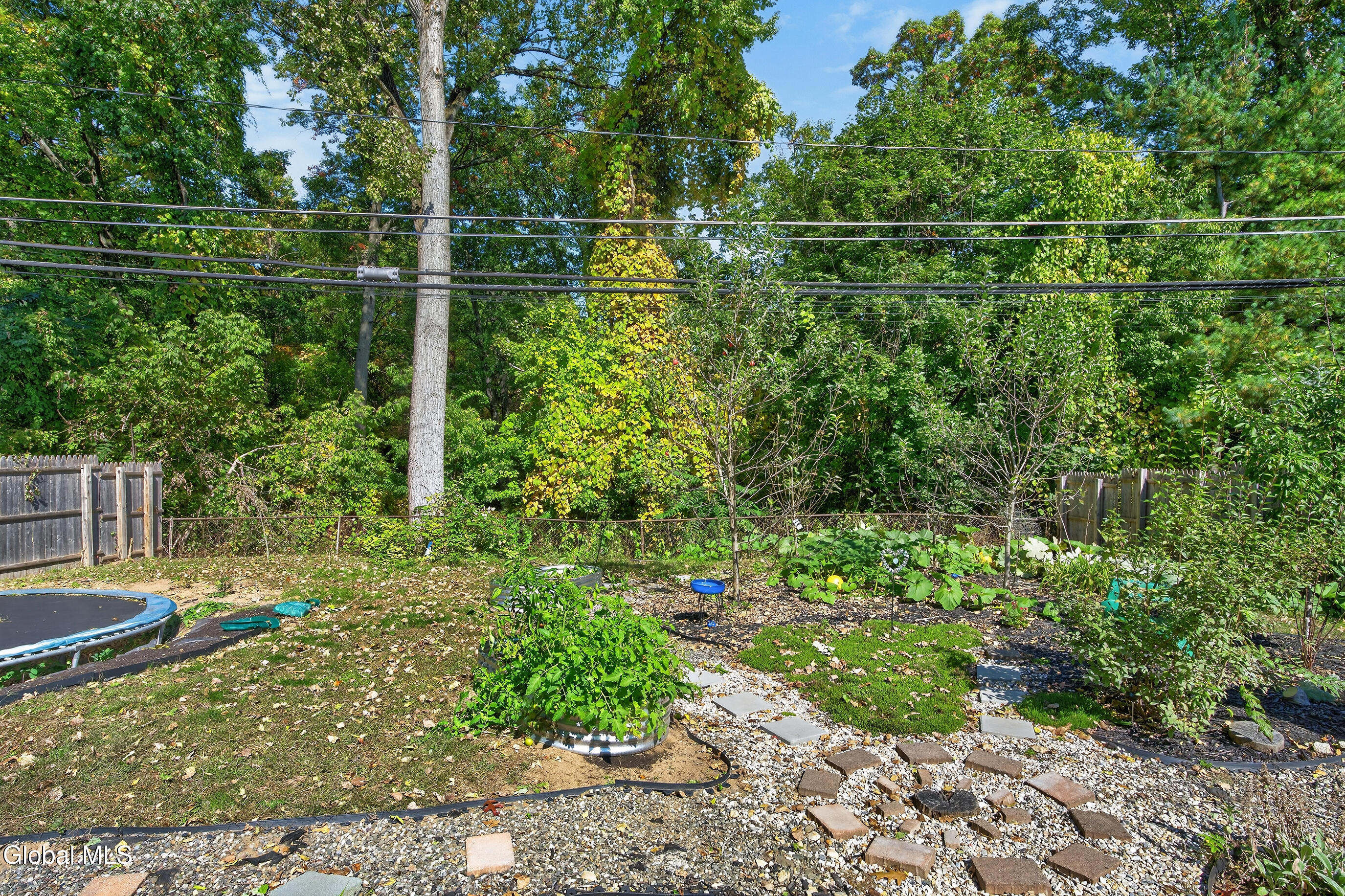 Backyard garden with stepping stones, mature trees, and a trampoline beside the lawn.