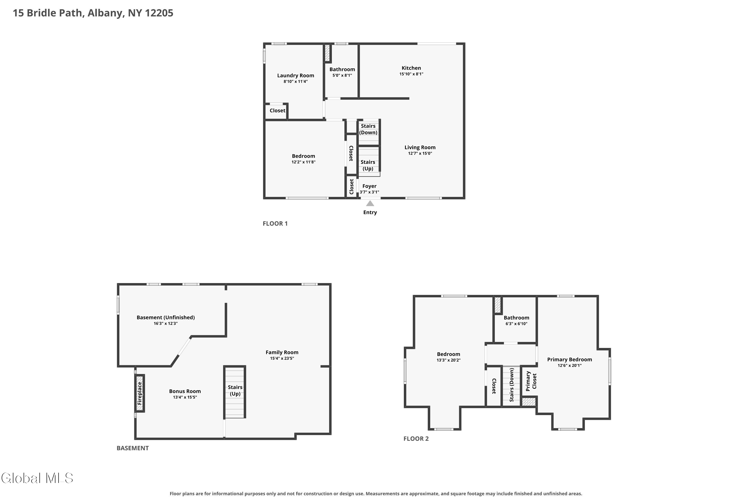 Three-level floor plan showing the first floor, basement, and second floor with labeled rooms and approximate dimensions.