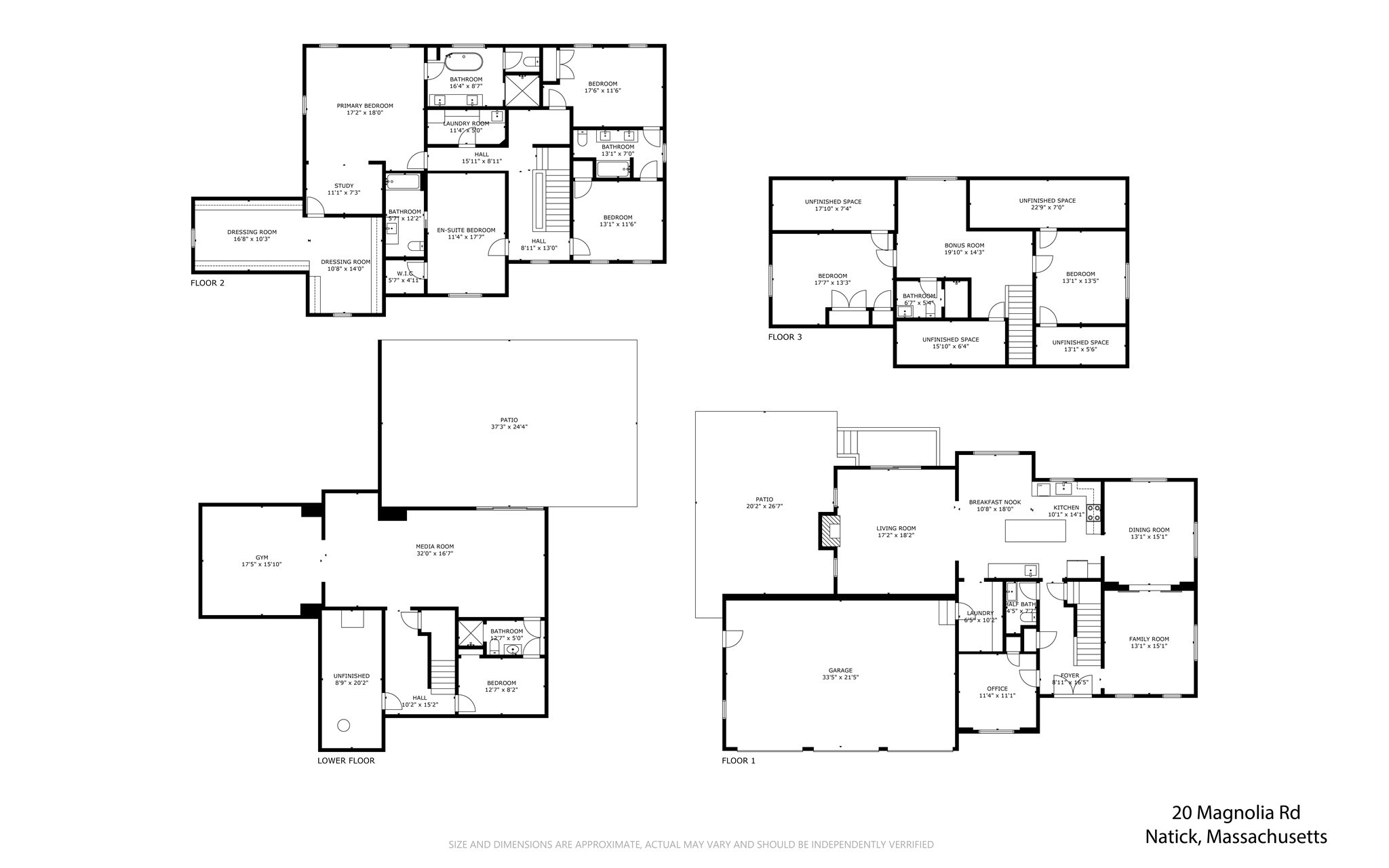 Four-level floor plan of 20 Magnolia Road, with labeled rooms, patios, garage, and approximate dimensions.