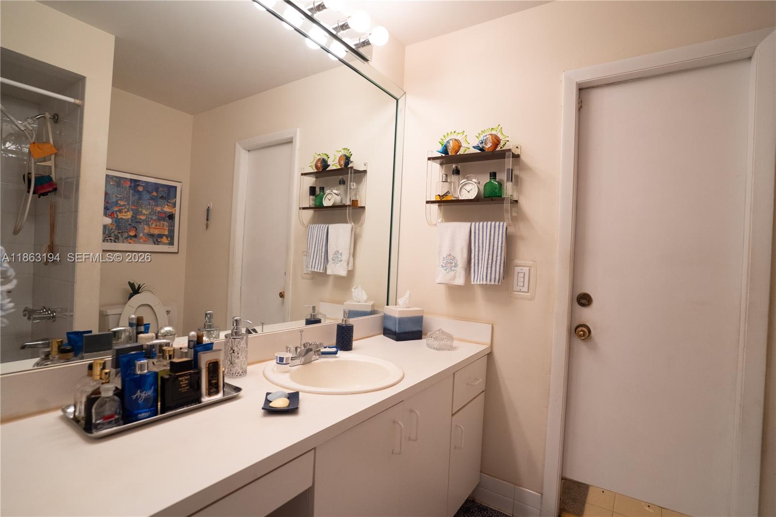 Bathroom vanity with oval sink, large mirror, toiletries, and wall shelves beside a door.