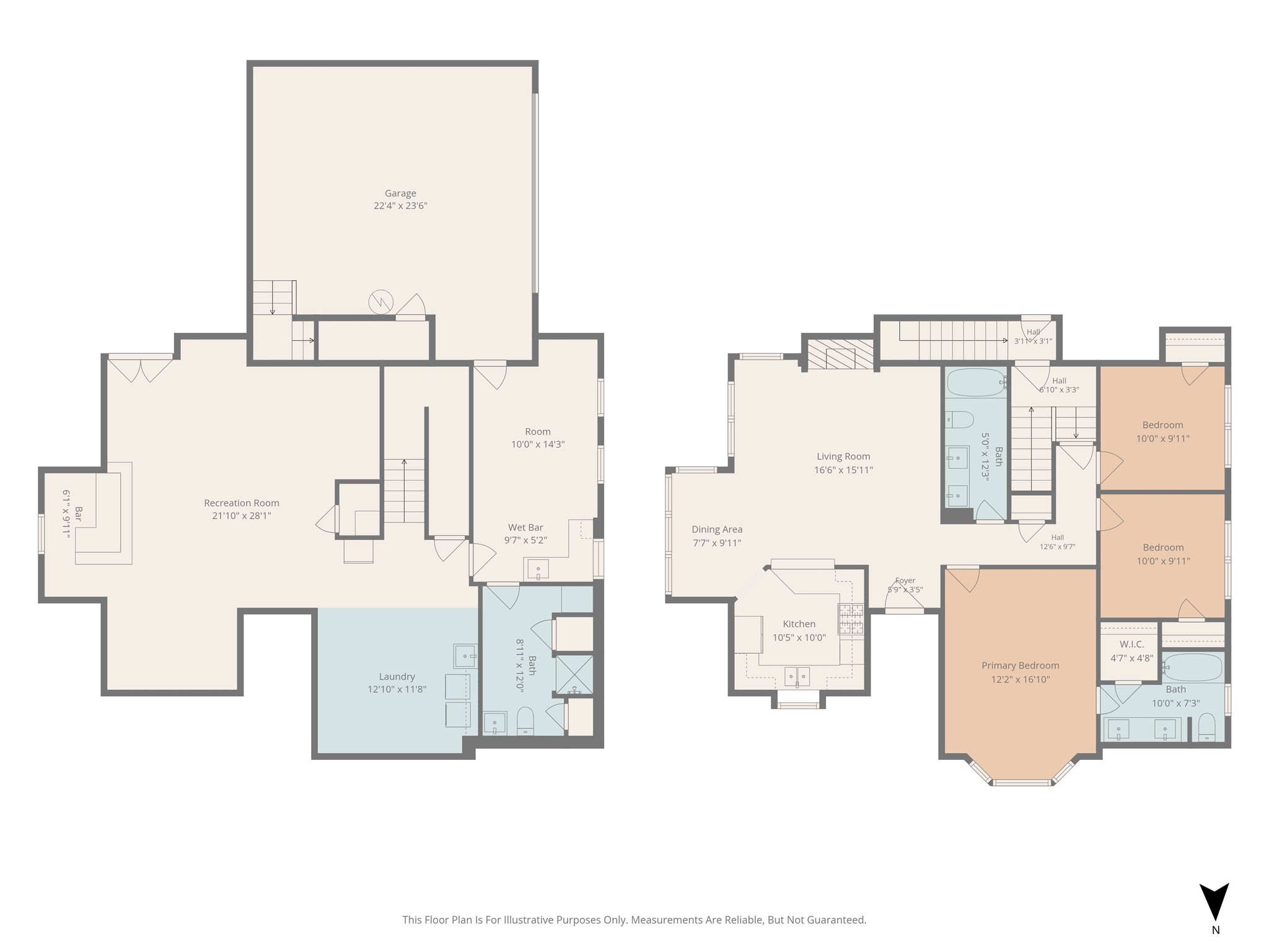 Two-level floor plan with a large recreation room and bar downstairs, and three bedrooms upstairs.