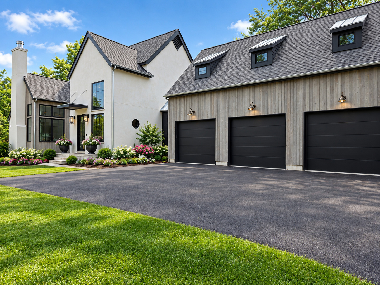 Modern farmhouse with three black garage doors, landscaped entry, and broad driveway.