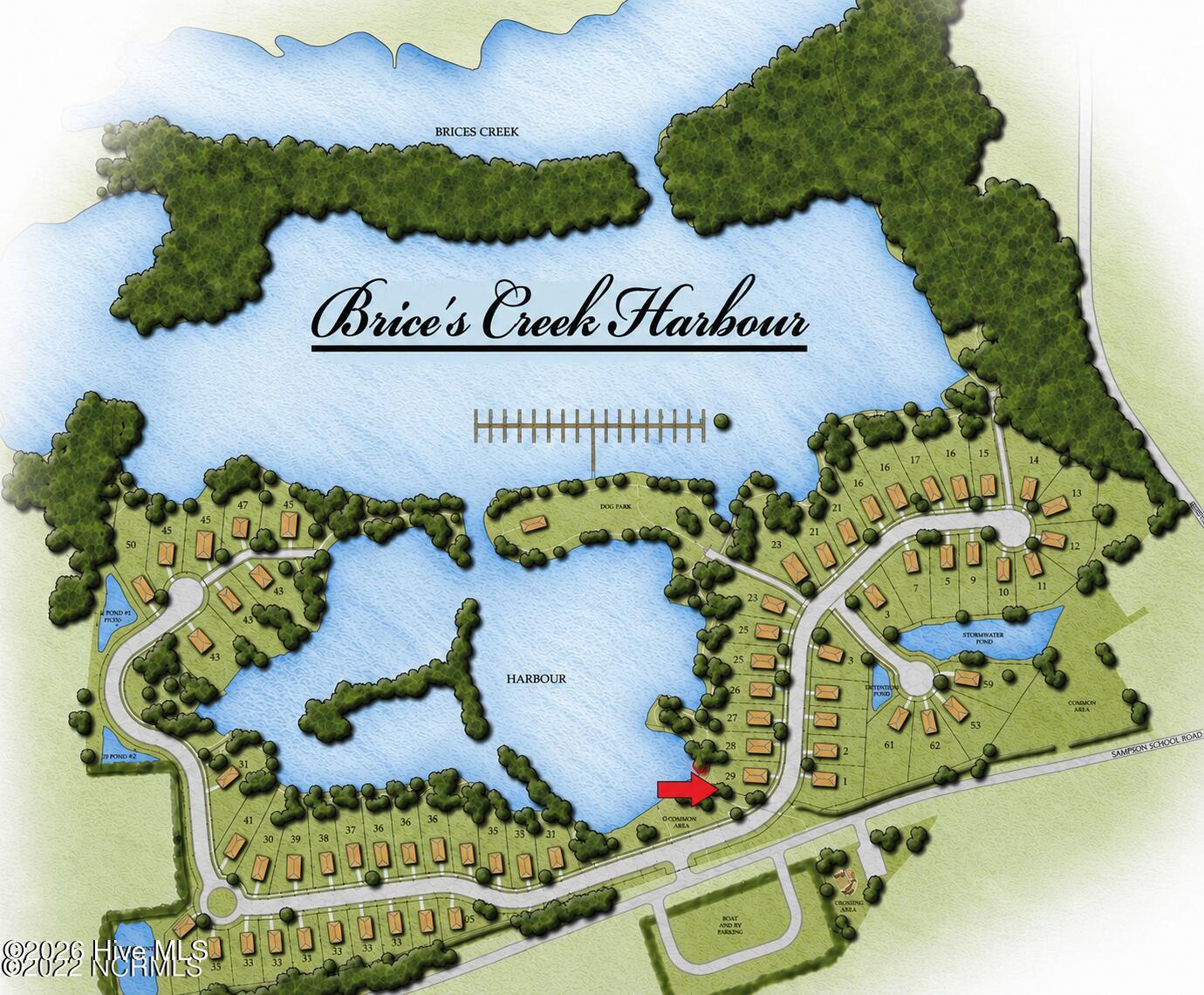 Brice's Creek Harbour subdivision map with a red arrow marking lot 29.