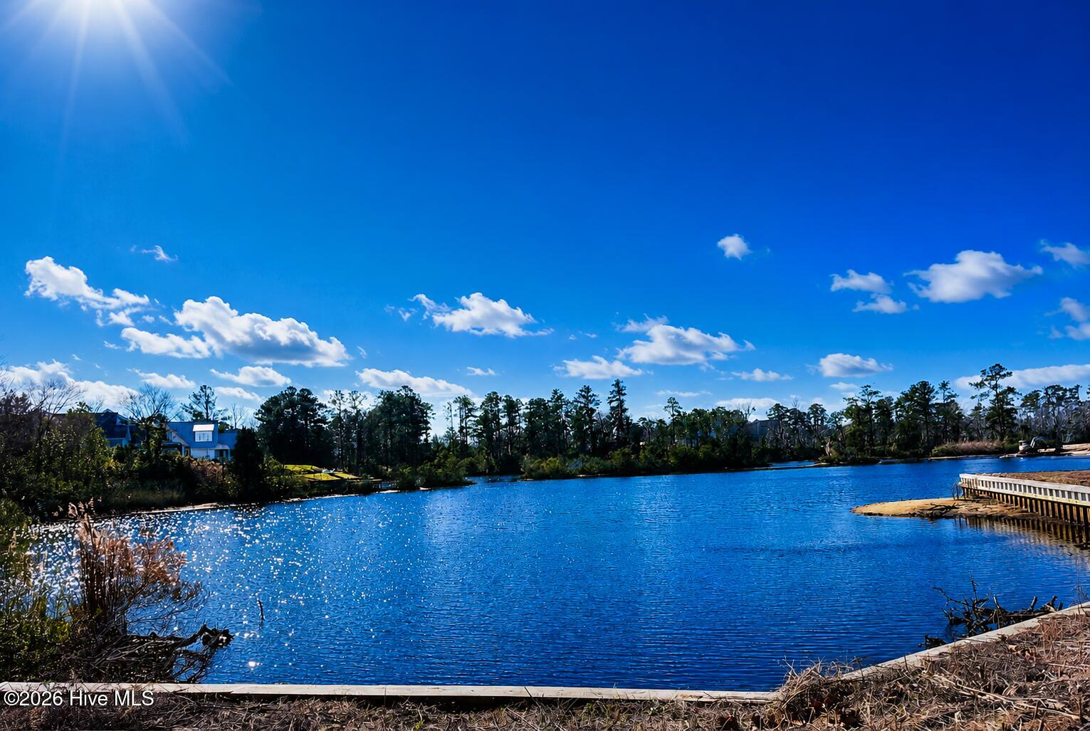 Blue waterfront inlet bordered by trees, with homes across the water and a small dock.