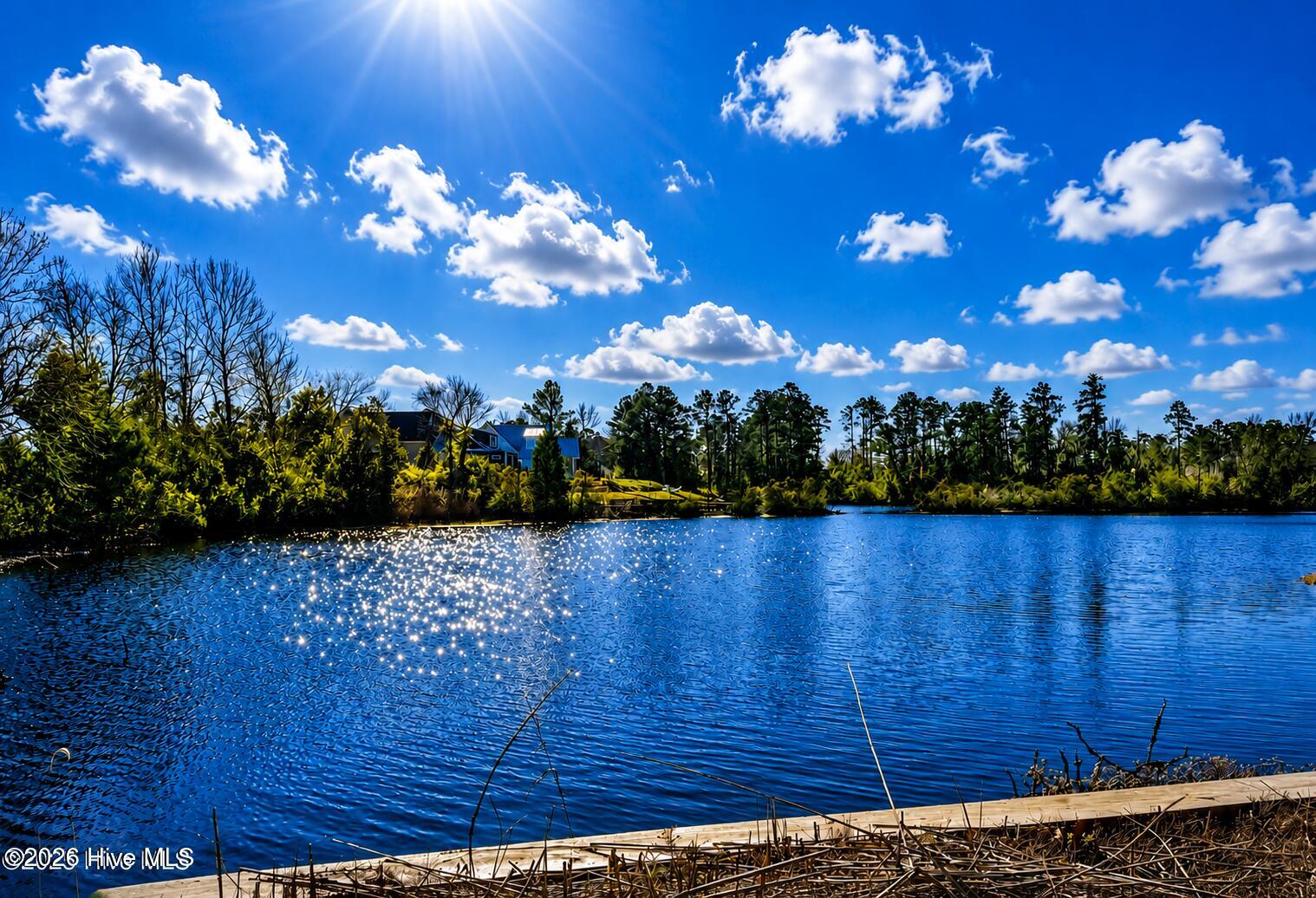 Pond with sunlight sparkling across the water and homes among trees on the opposite shore.
