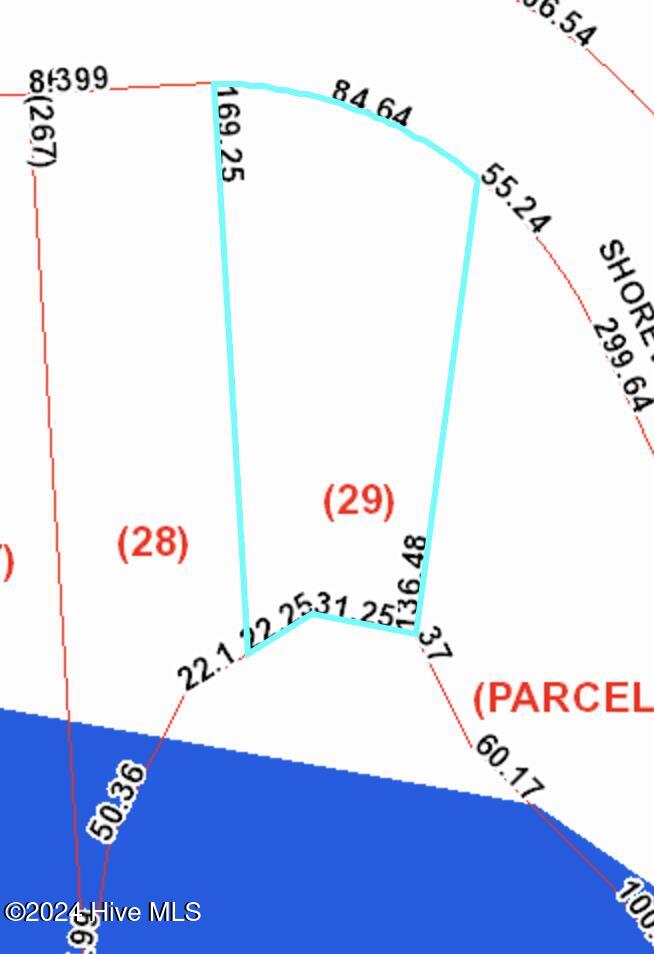 Parcel map highlighting lot 29 in cyan beside a blue water area.