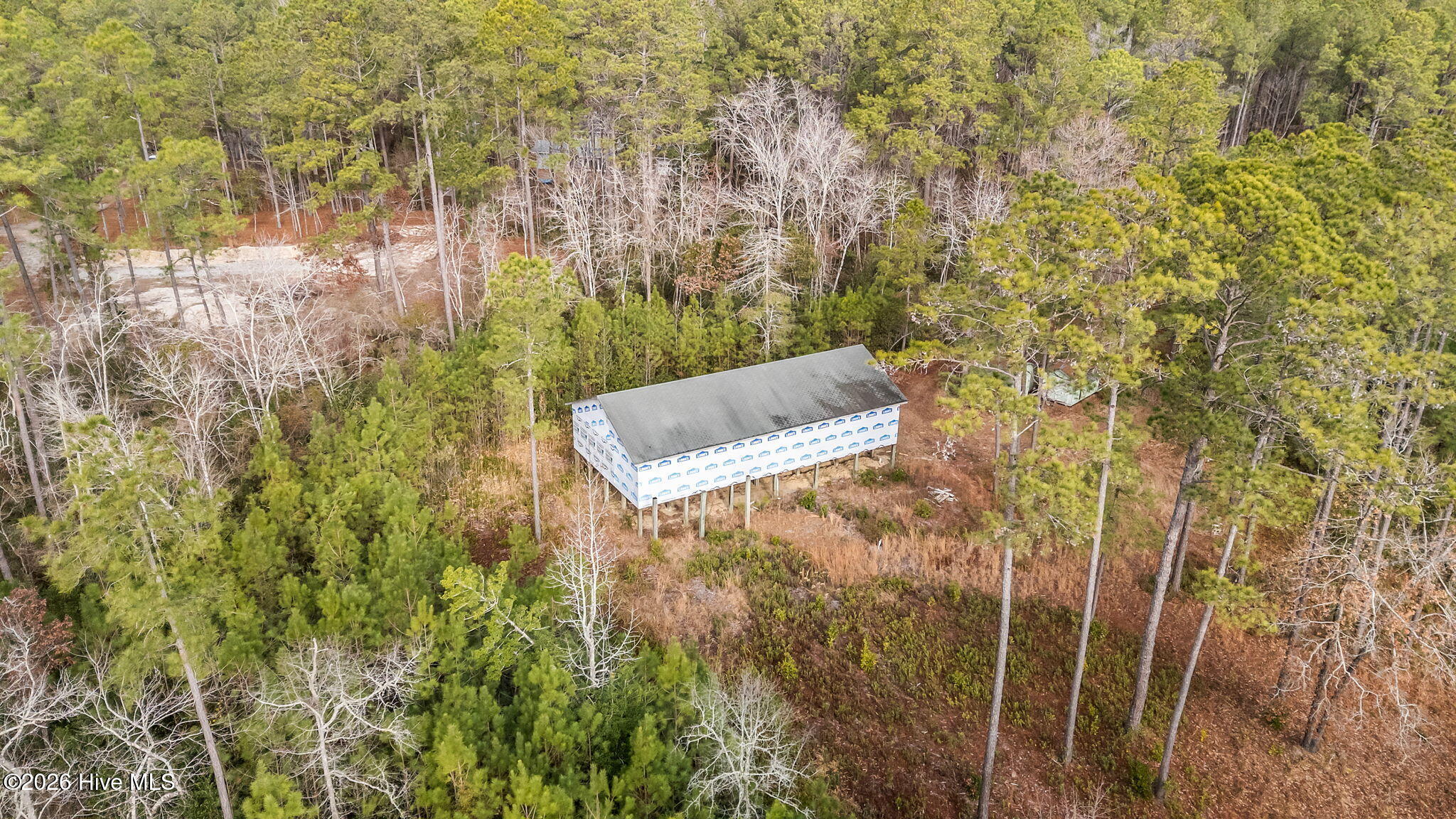 Elevated house under construction in a wooded clearing, surrounded by pine and leafless trees.