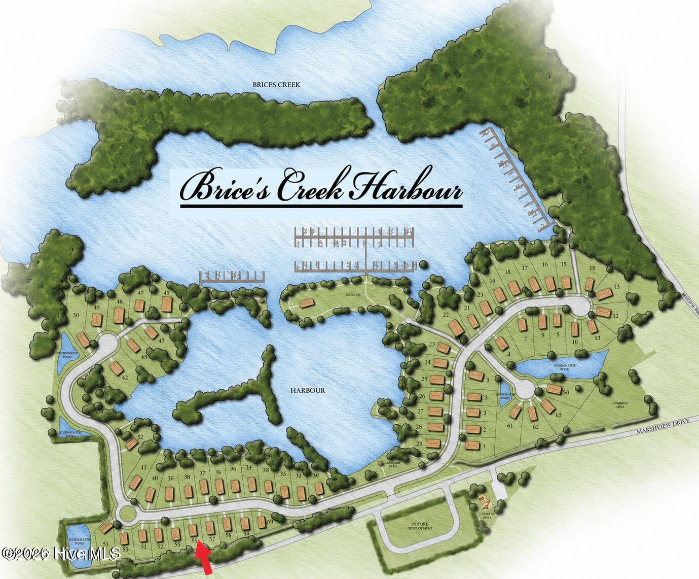 Brice’s Creek Harbour site plan showing numbered lots, roads, waterways, and a red arrow highlighting a southern lot.