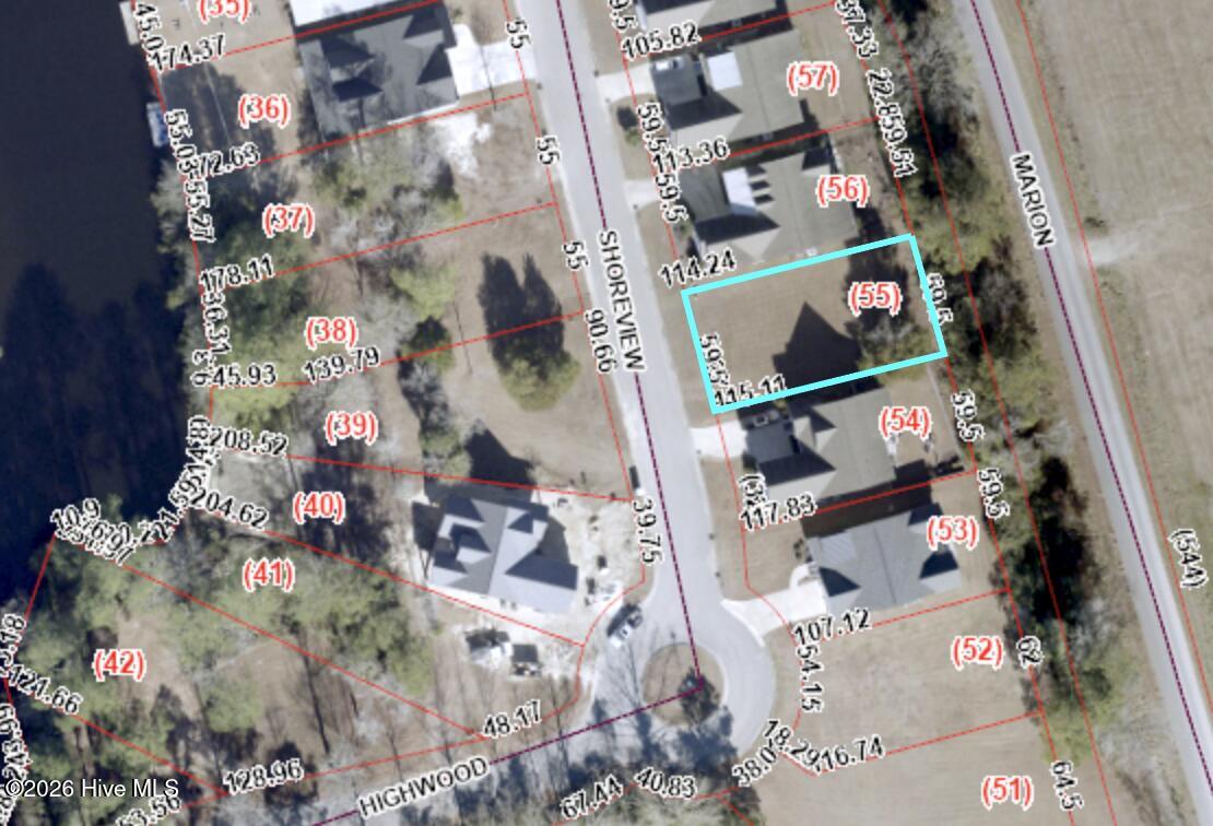 Aerial parcel map highlighting lot 55 on Shoreview Drive beside the water.