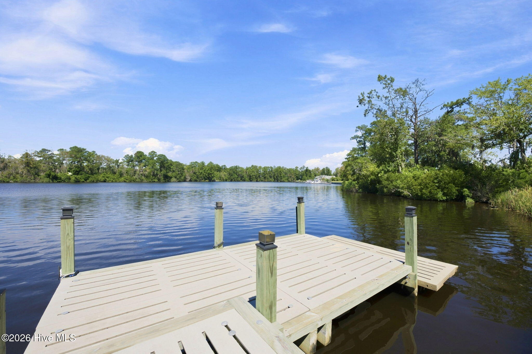 Wooden dock extending over calm water toward a green, tree-lined shoreline.