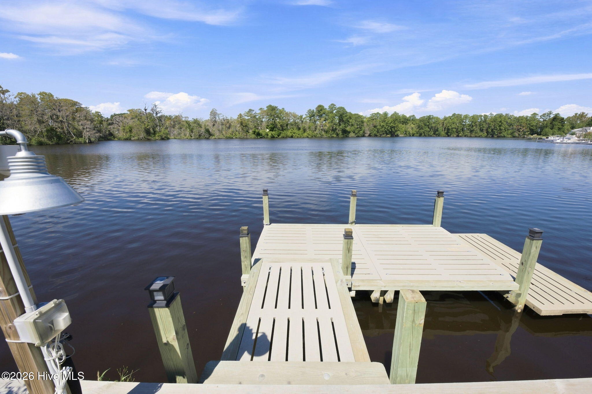 Wooden dock extending over calm water toward a tree-lined shore.