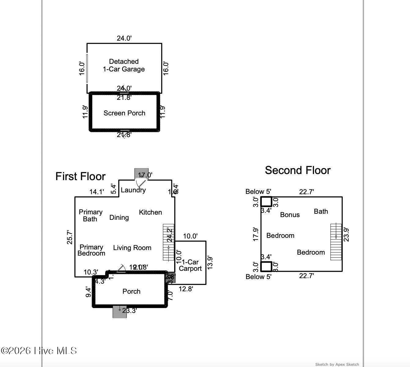 Two-story floor plan with a detached garage, screen porch, front porch, and carport.