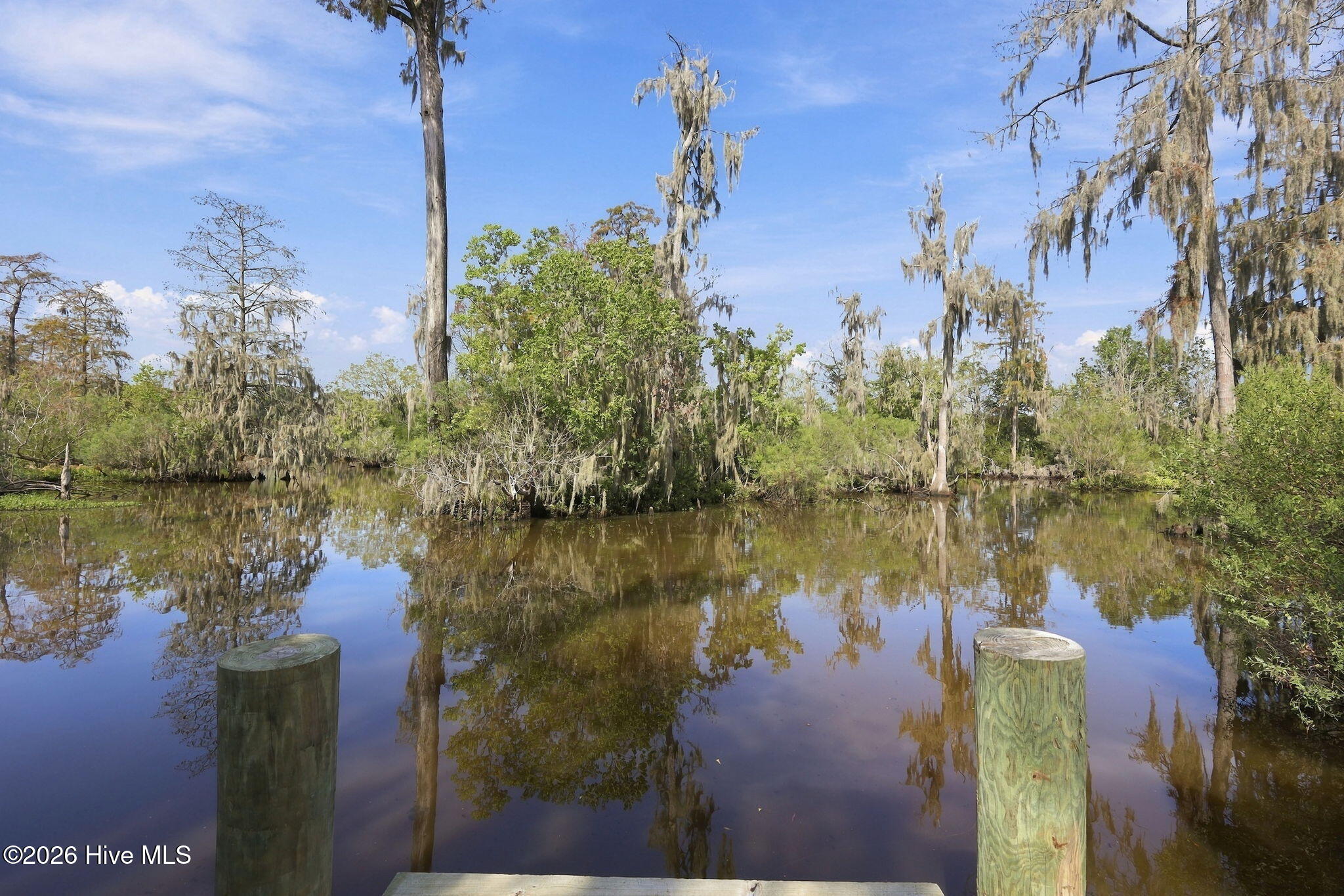 Calm creek framed by wooden dock pilings and Spanish moss-draped trees.