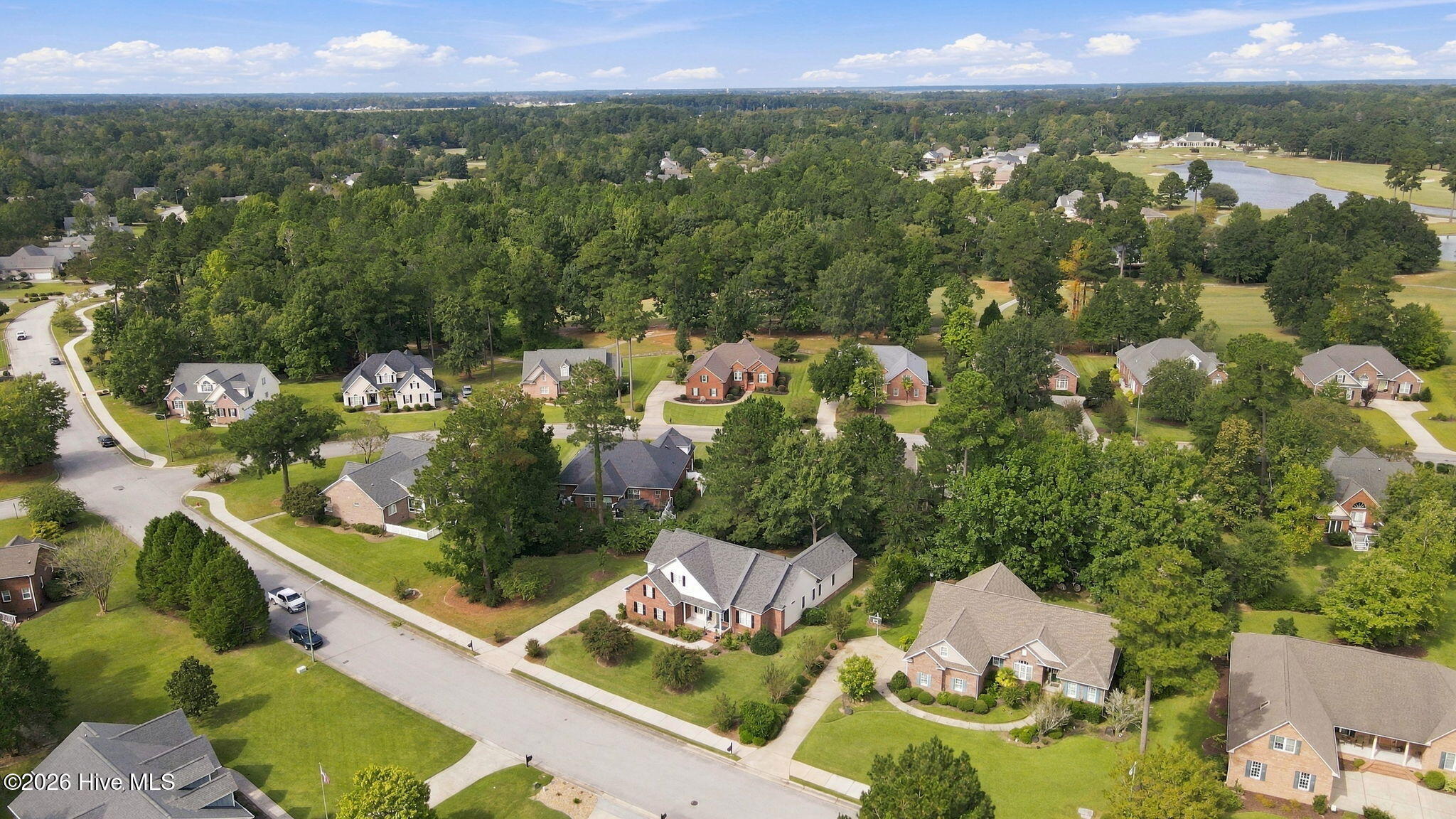 Aerial view of a leafy neighborhood with detached homes, curving streets, and a pond in the distance.