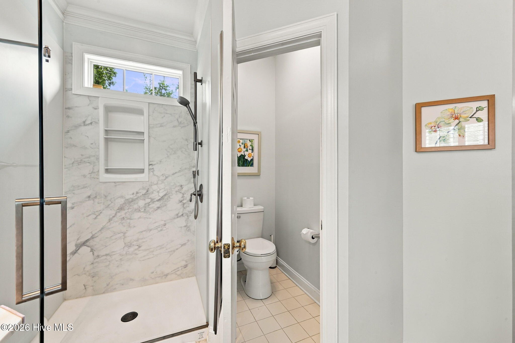 Bathroom with a marble-pattern walk-in shower and a separate toilet alcove.
