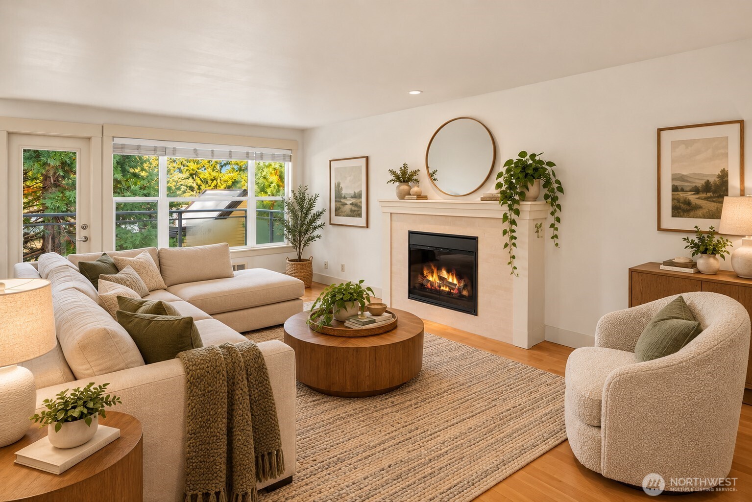 Staged living room with a cream sectional, round wood coffee table, and lit fireplace