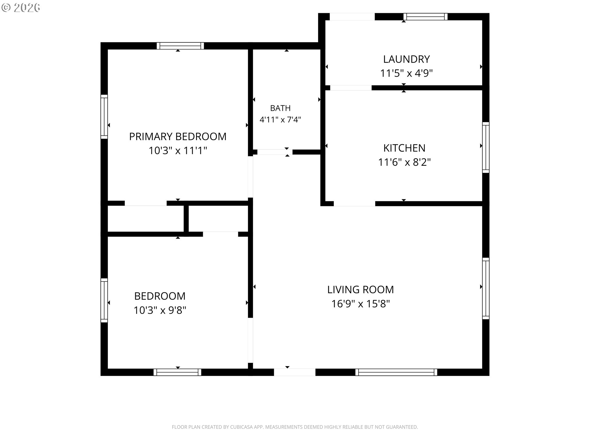 Floor plan showing two bedrooms, a bath, laundry, kitchen, and living room with dimensions.