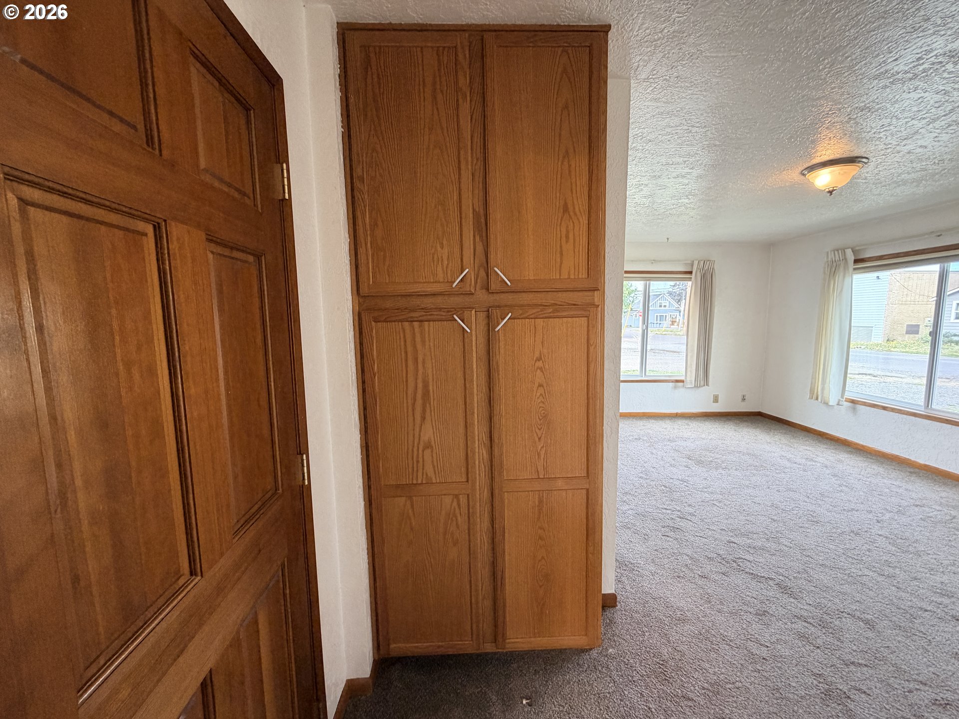 Empty carpeted bedroom with built-in wooden cabinets and large curtained windows.