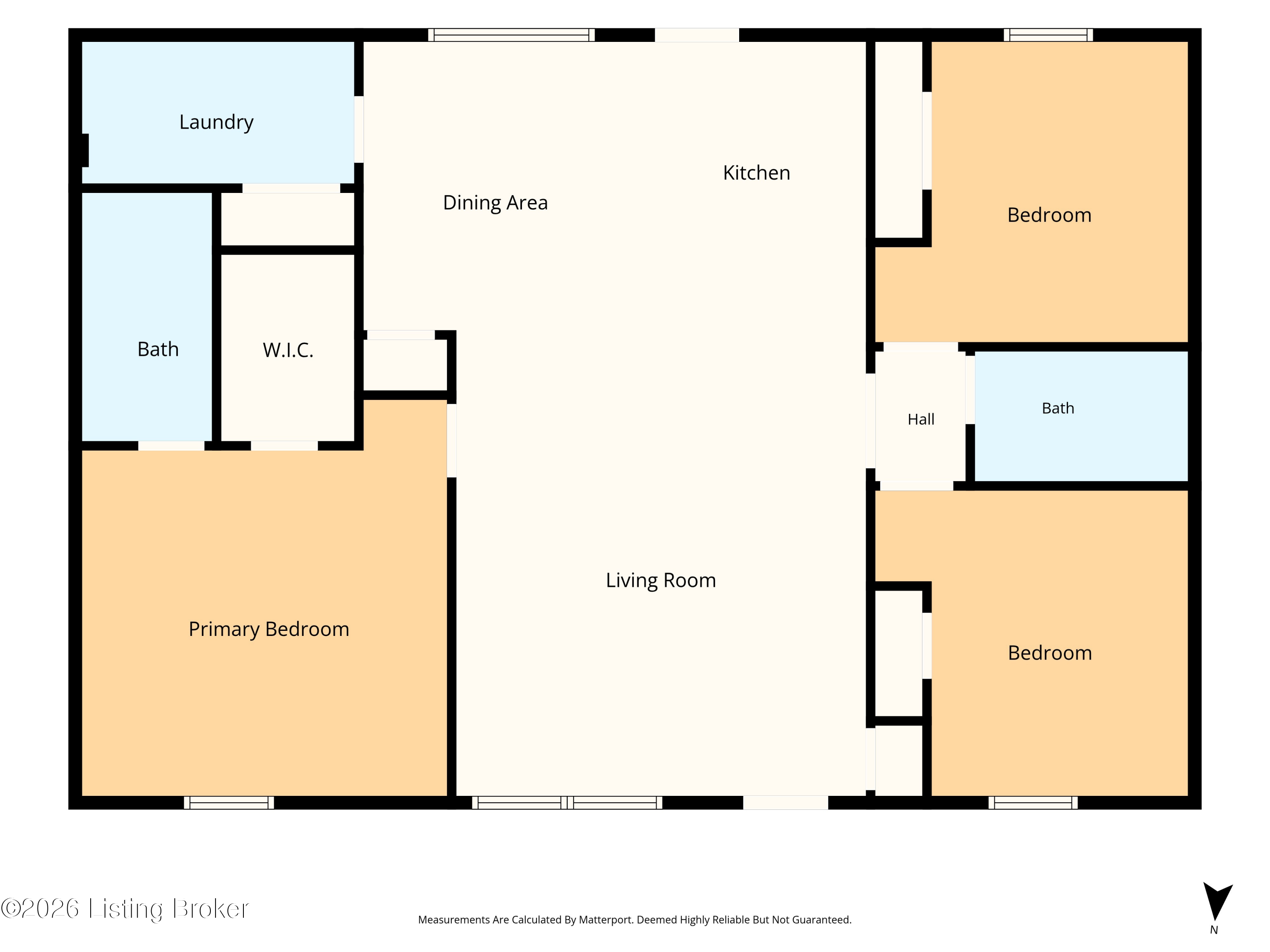 Floor plan showing three bedrooms, two baths, a living room, kitchen, dining area, and laundry room.