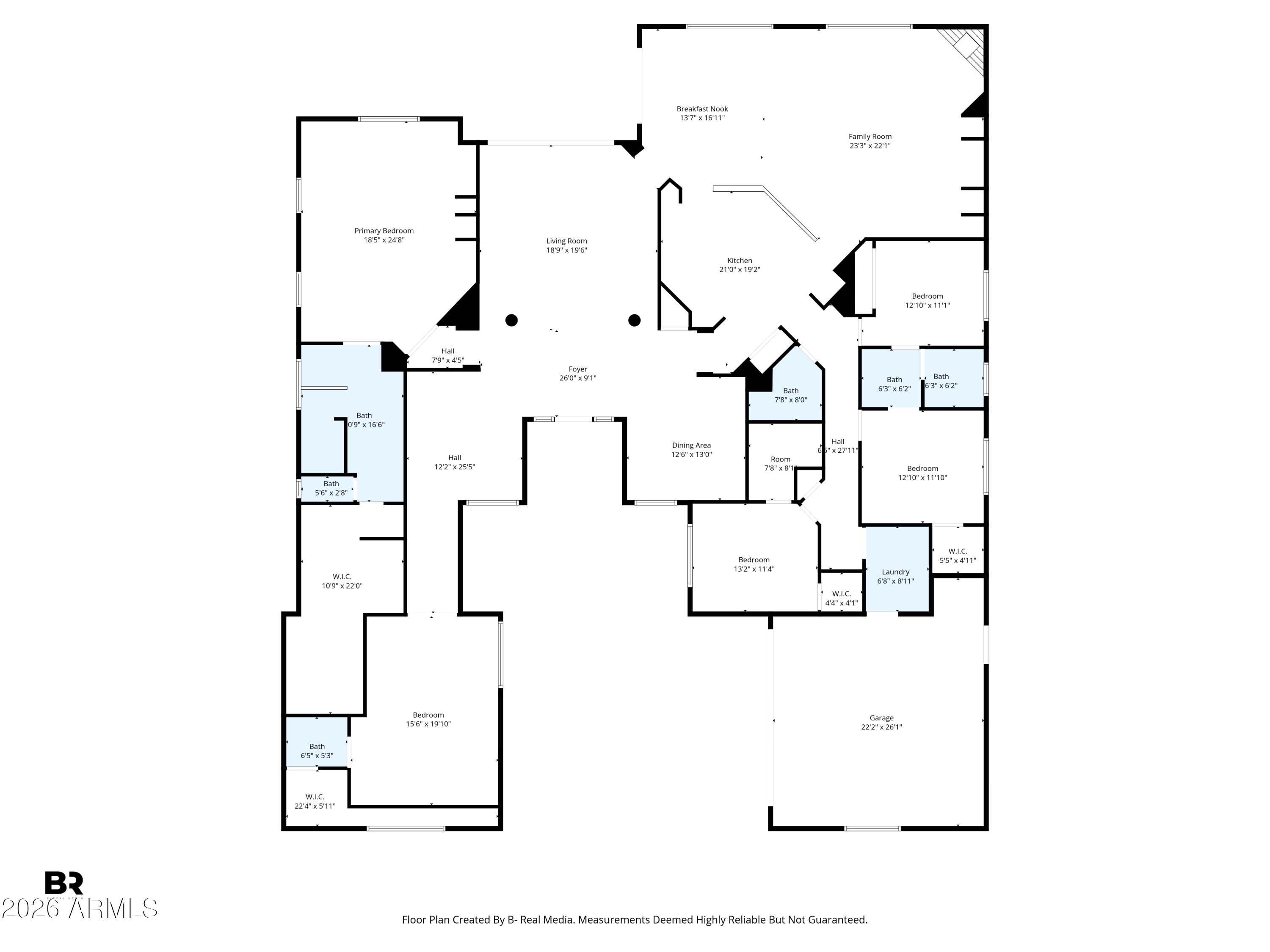Labeled home floor plan with multiple bedrooms and bathrooms, open living areas, laundry, and a large garage.